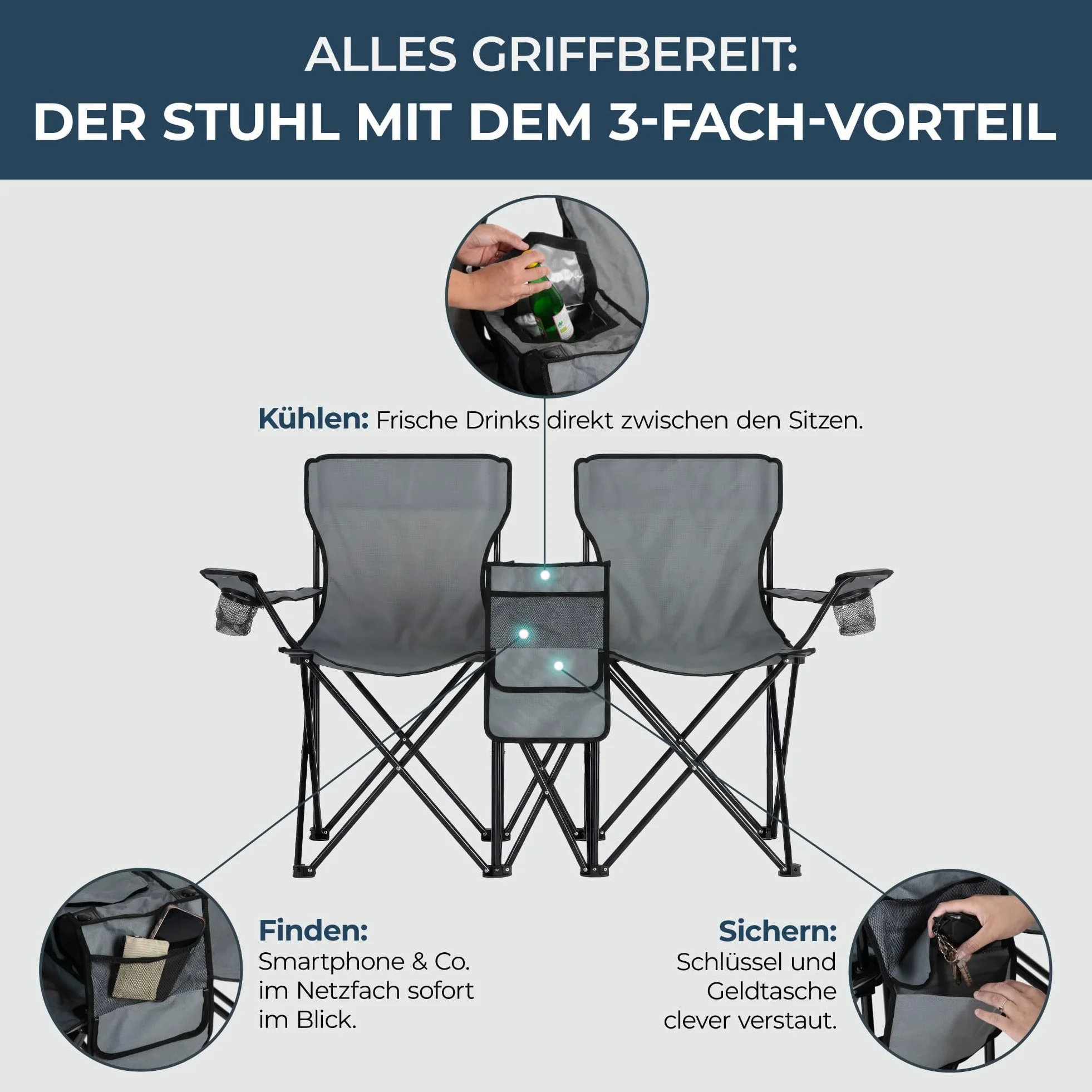 Stagecaptain Silla de Camping Doble CS-1485, Bolsillo Exterior Espacioso | Silla de camping doble de tela Oxford 600D, Perfecta para camping, festivales, picnics y excursiones, Dimensiones, 5 cm, 0 kg