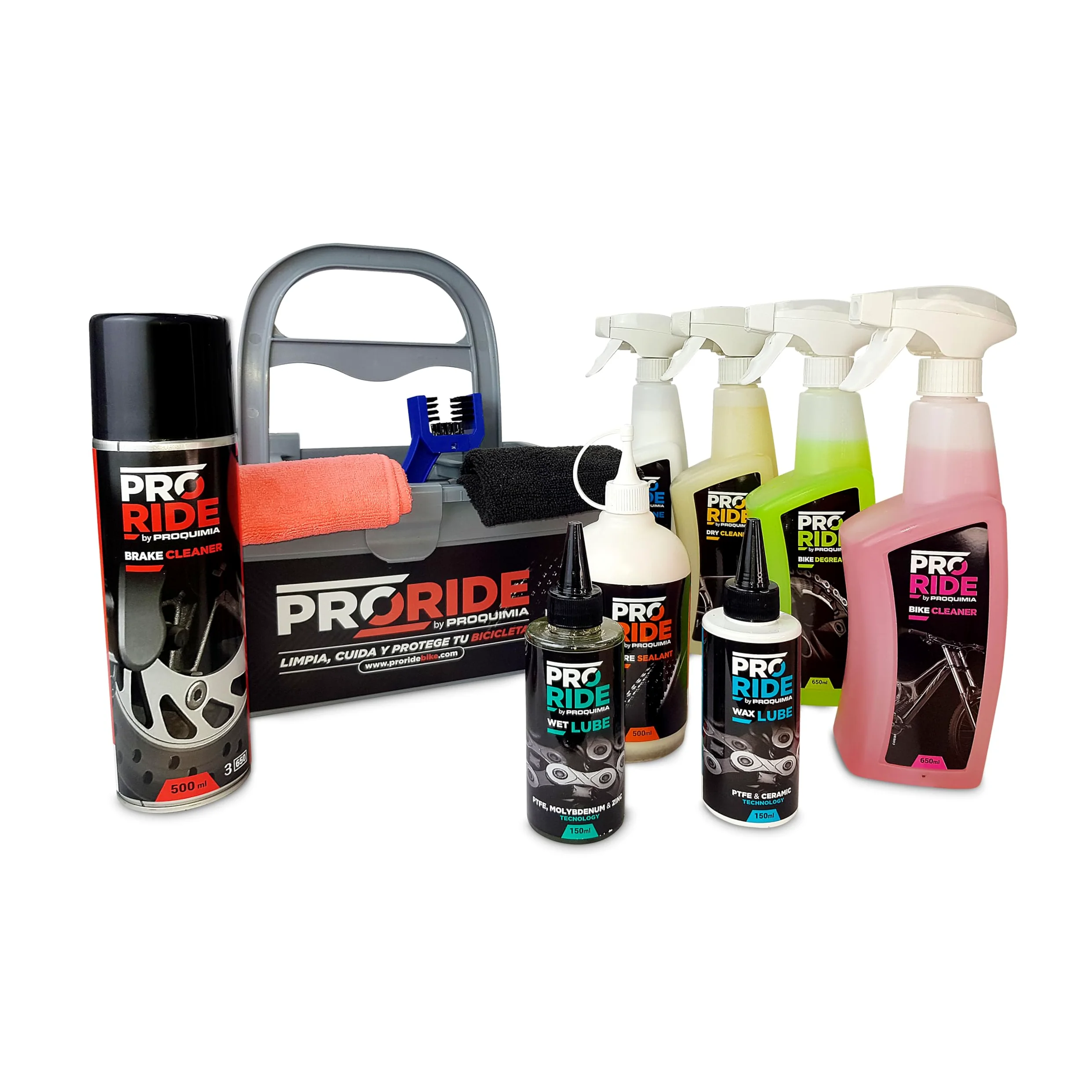 Kit de Limpieza de Bicicleta, Cuidado y Mantenimiento Profesional Completo - 11 Artículos – Limpiadores, Lubricantes, Líquido Antipinchazos, Bayeta, Cepillo y Cesta.