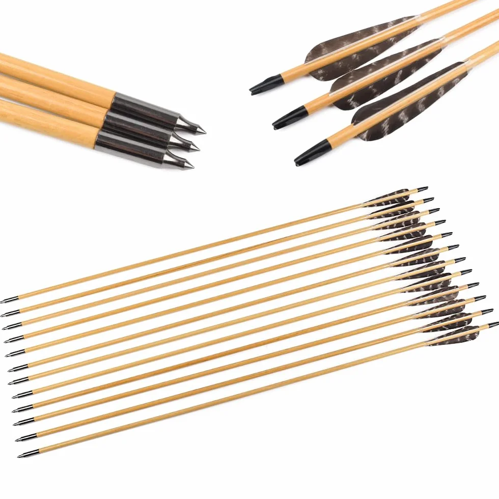 Juego de 12 flechas de madera de 80 cm, con plumas naturales de 100 cm, para tiro arco, hechas a mano, para arco tradicional recurvo