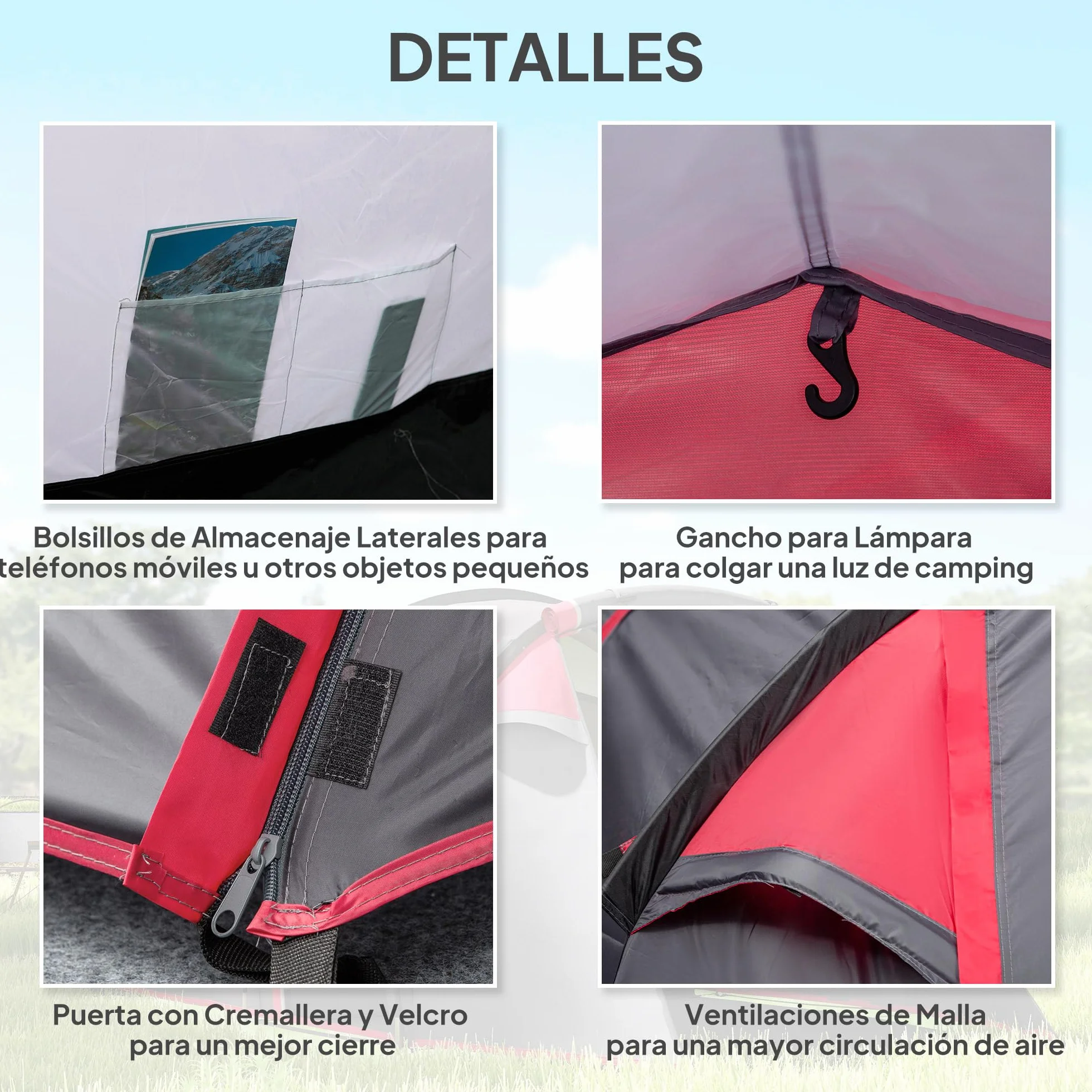 Outsunny Tienda de Campaña Familiar Tipo Túnel 2-3 Personas Plegable Impermeable 2000+ mm a Prueba de UV 20+ Ligero con Vestíbulo y 4 Estaciones para Camping Senderismo 426x206x154 cm