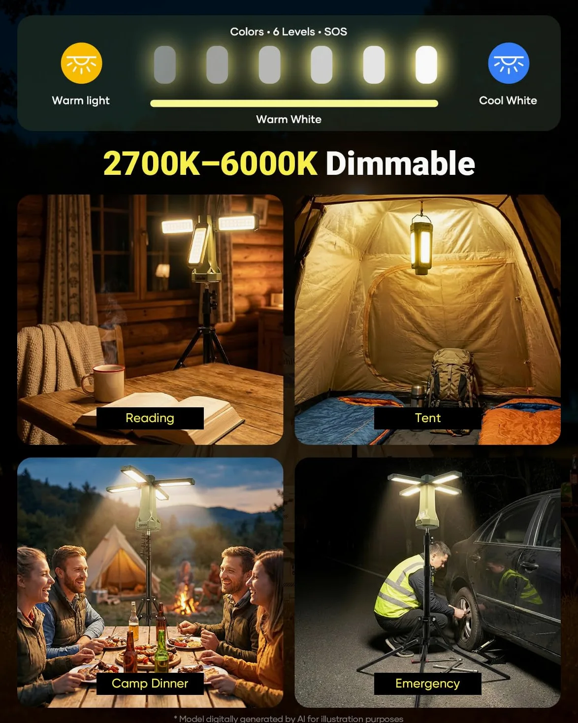 SakerNeo Linterna de camping y linterna recargable, 6500 lm, batería de 20000 mAh, 3 modos de color con base magnética, trípode ajustable (58-67 pulgadas) para camping, emergencia, luz de trabajo