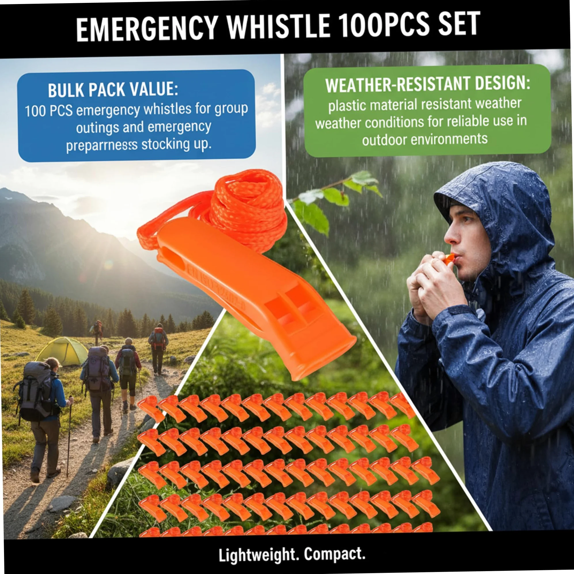 Silbato de Emergencia 100PCS Silbato de Seguridad de plástico Ruidoso con cordón Equipo de Supervivencia para Kayak, canotaje, Barco de Pesca, Camping, Senderismo, Caza