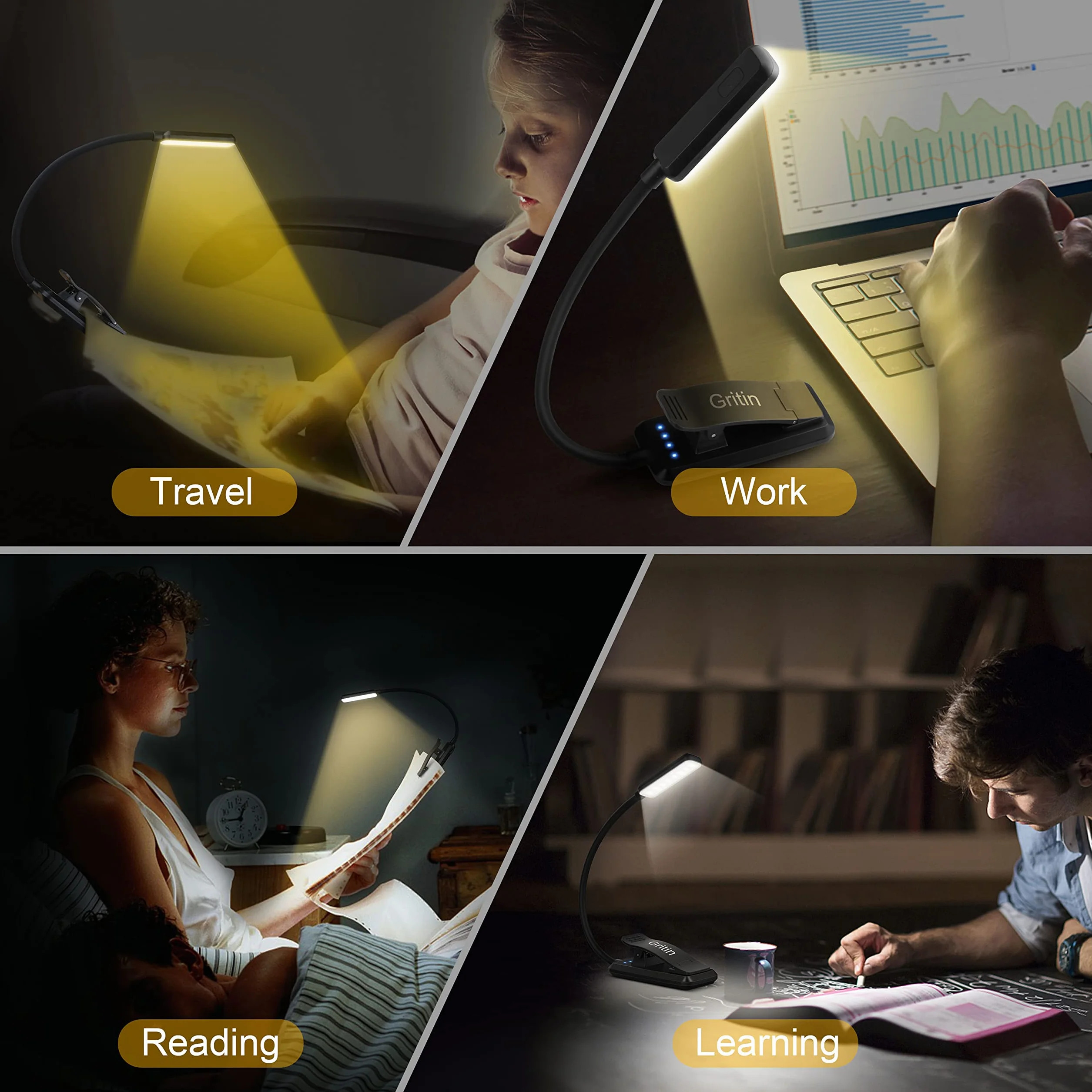 Gritin Lampara de Lectura Recargable con 9 LED 3 Modos Proteccion Ojos, Atenuacion Continua, Bateria Larga Duracion, 360° Flexible