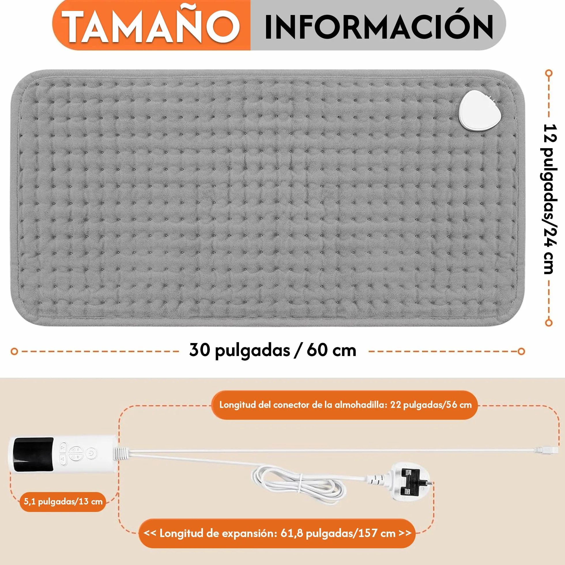 Almohadilla Eléctrica 30 x 60 cm para Espalda, Cuello y Abdomen, Cojín Calefactor con Pantalla Digital, 9 Niveles de Calor y Apagado Automático, Uso Doméstico