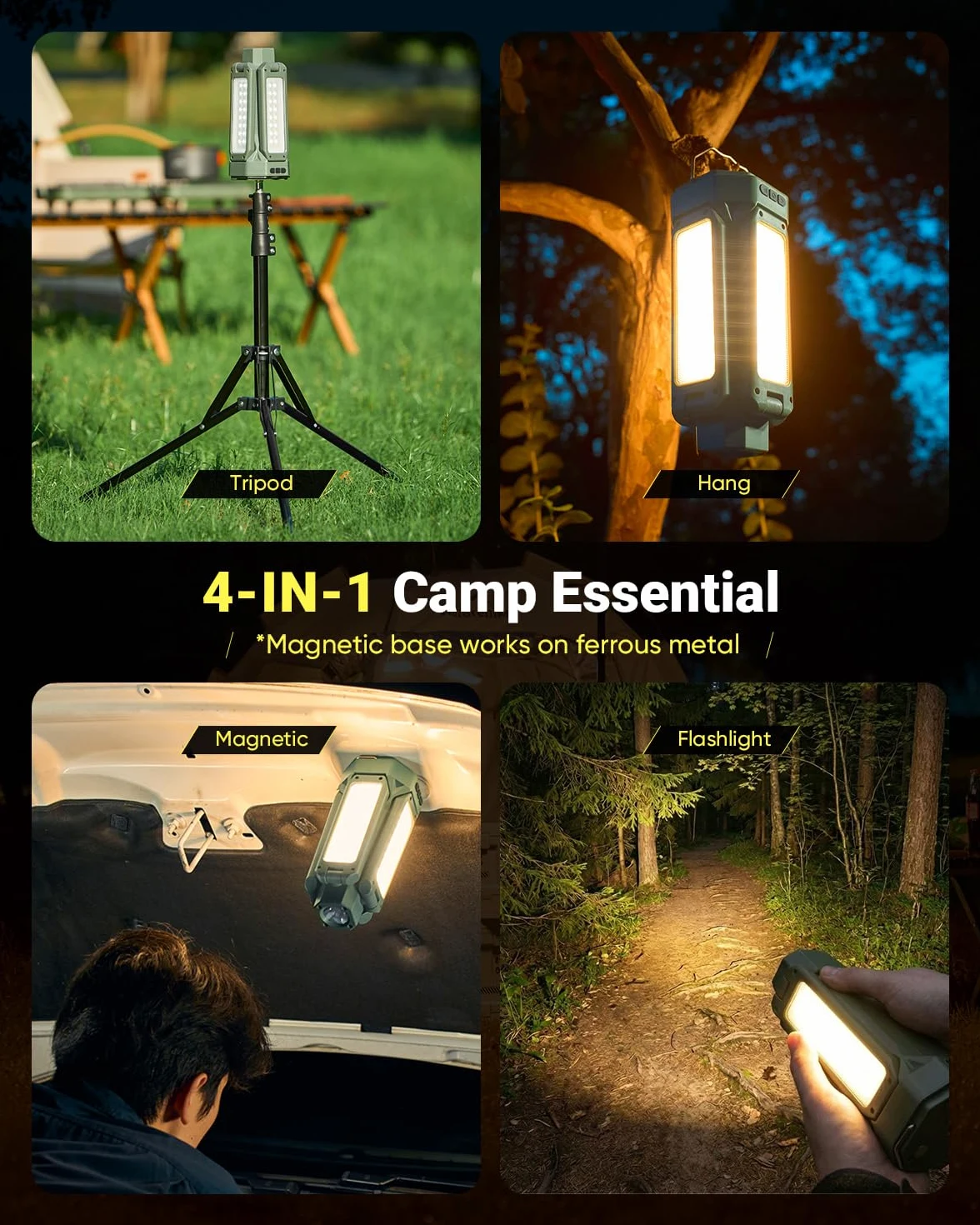 SakerNeo Linterna de camping y linterna recargable, 6500 lm, batería de 20000 mAh, 3 modos de color con base magnética, trípode ajustable (58-67 pulgadas) para camping, emergencia, luz de trabajo