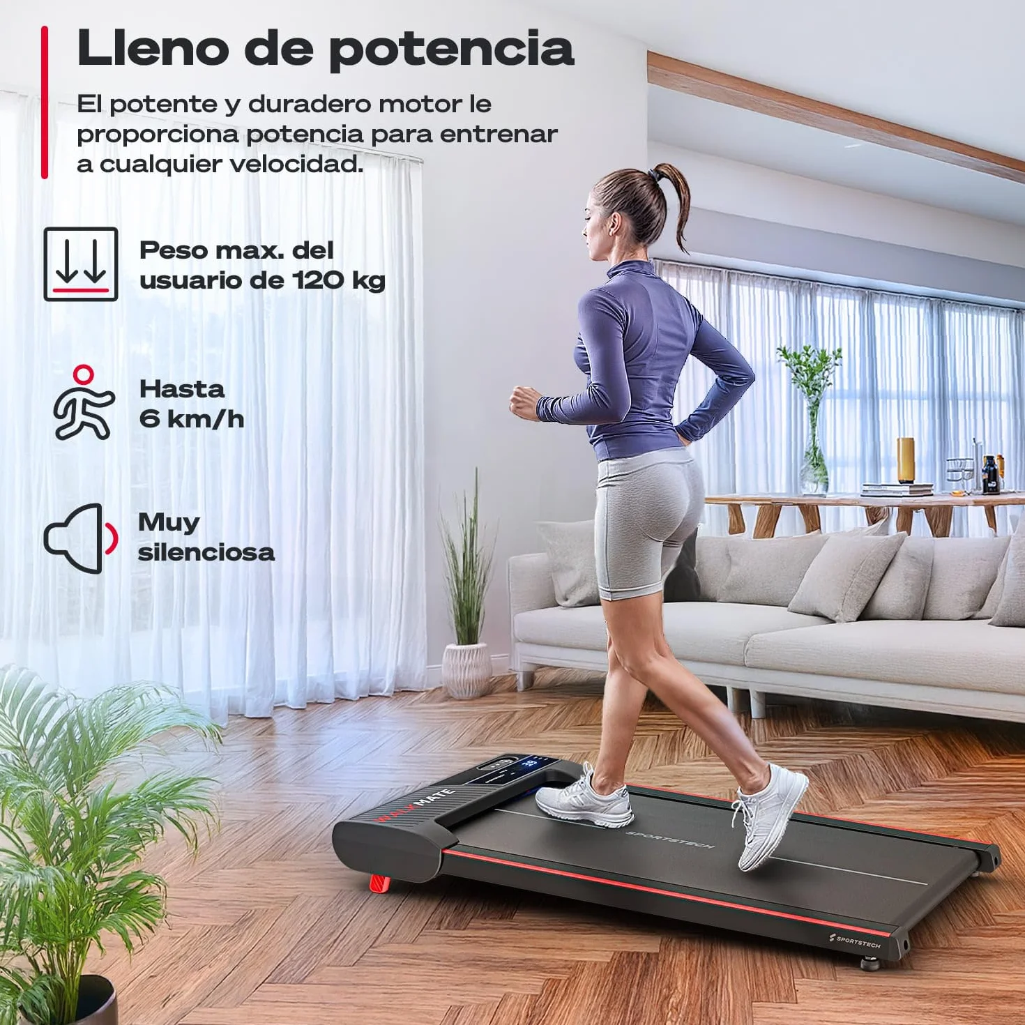 Sportstech Walking Pad hasta 6 km/h – Inclinación Manual hasta el 5 %, Control Remoto y por App, Pantalla LCD, podómetro, Ligero y Compacto, Ruedas de Transporte, WalkMate hasta 120 kg