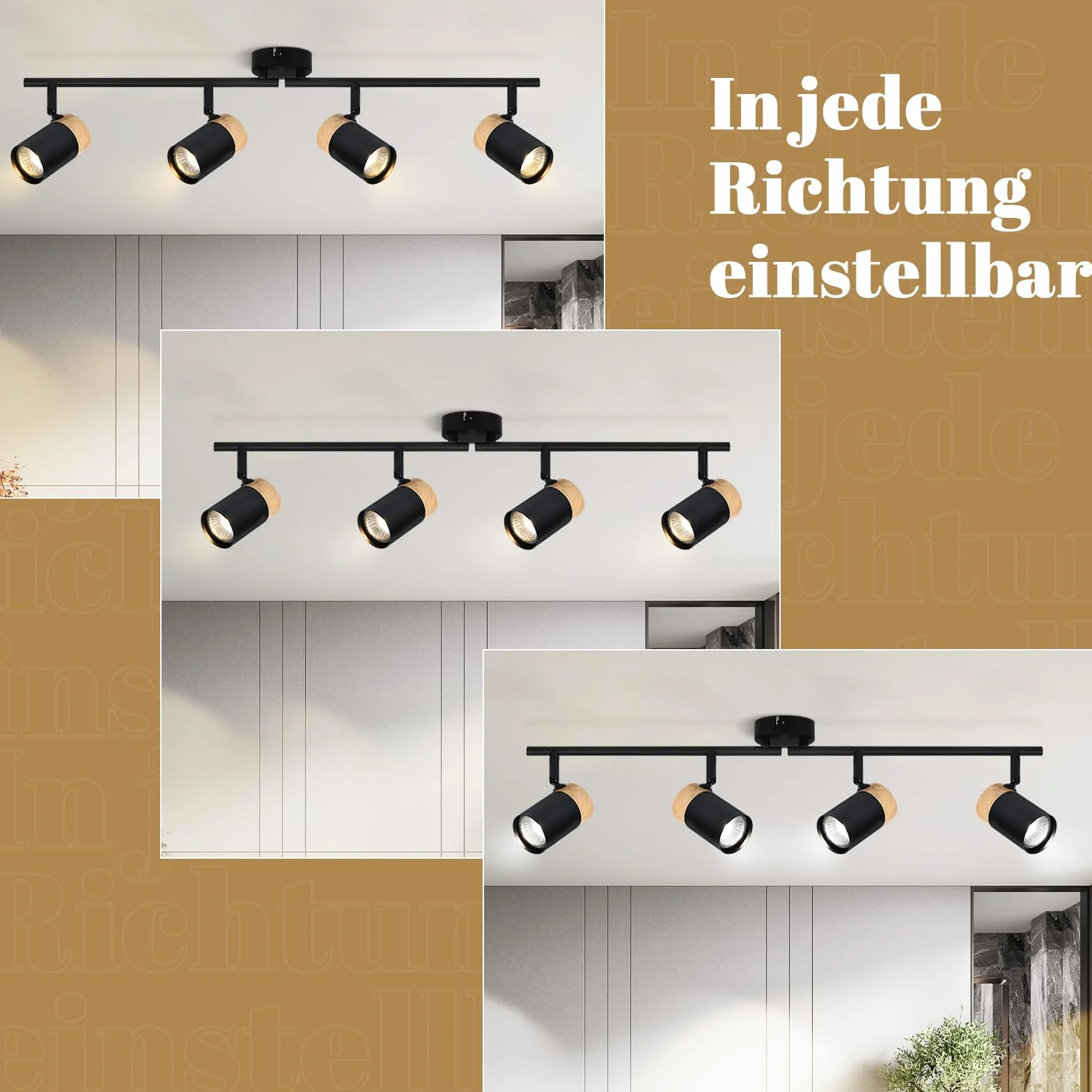 Plafón de madera negro LED orientable 330° 4 brazos GU10 para salón cocina habitación infantil