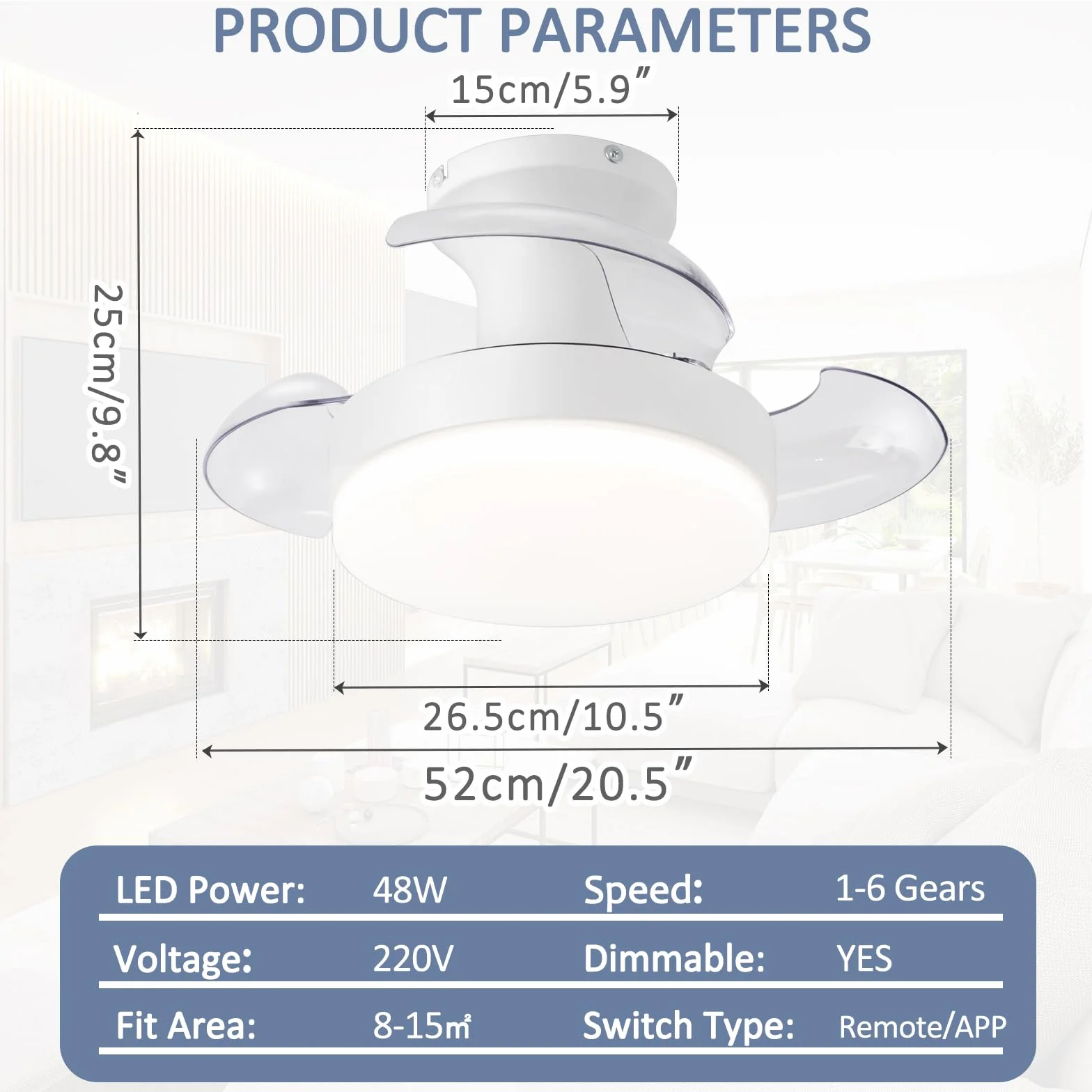 Ventilador Techo Aspas Retráctiles Plegables, 52cm LED Regulable Mando, Motor DC Silencioso