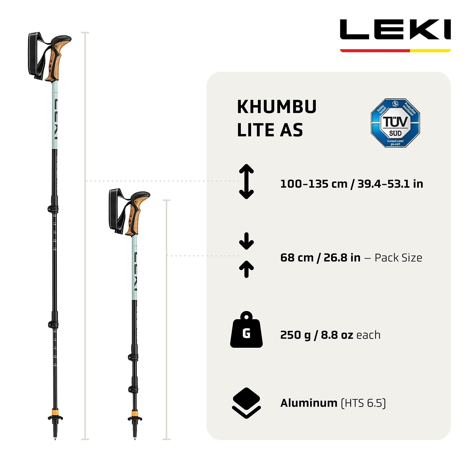 LEKI Khumbu Lite AS Bastones de Senderismo para Hombre y Mujer, Bastones de Trekking Ligeros y Ajustables de Aluminio con Plato de Trekking, Sistema de amortiguación antigolpes LEKI