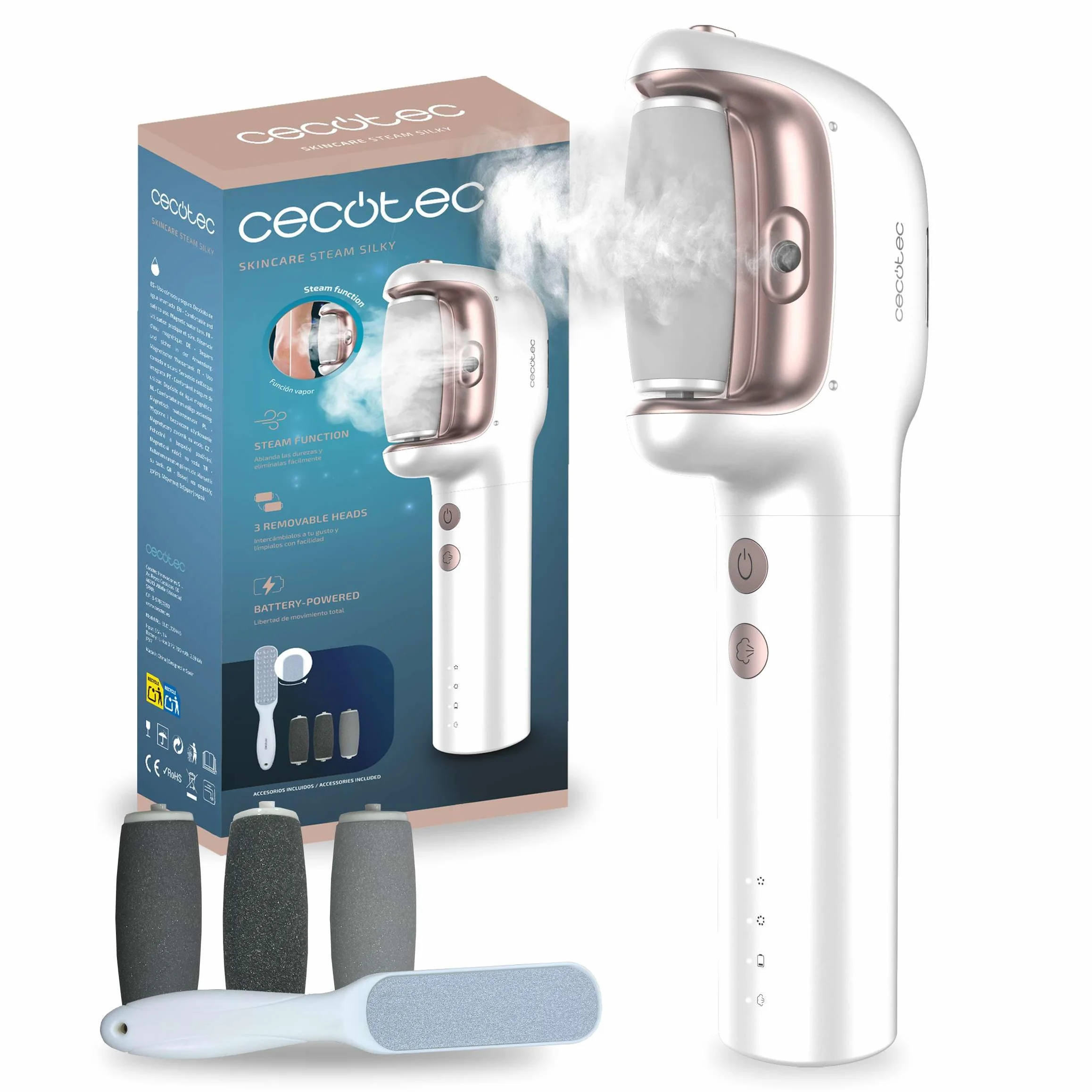 Cecotec Lima Eléctrica Pies Durezas Recargable IPX7 3 Cabezales Vapor SkinCare