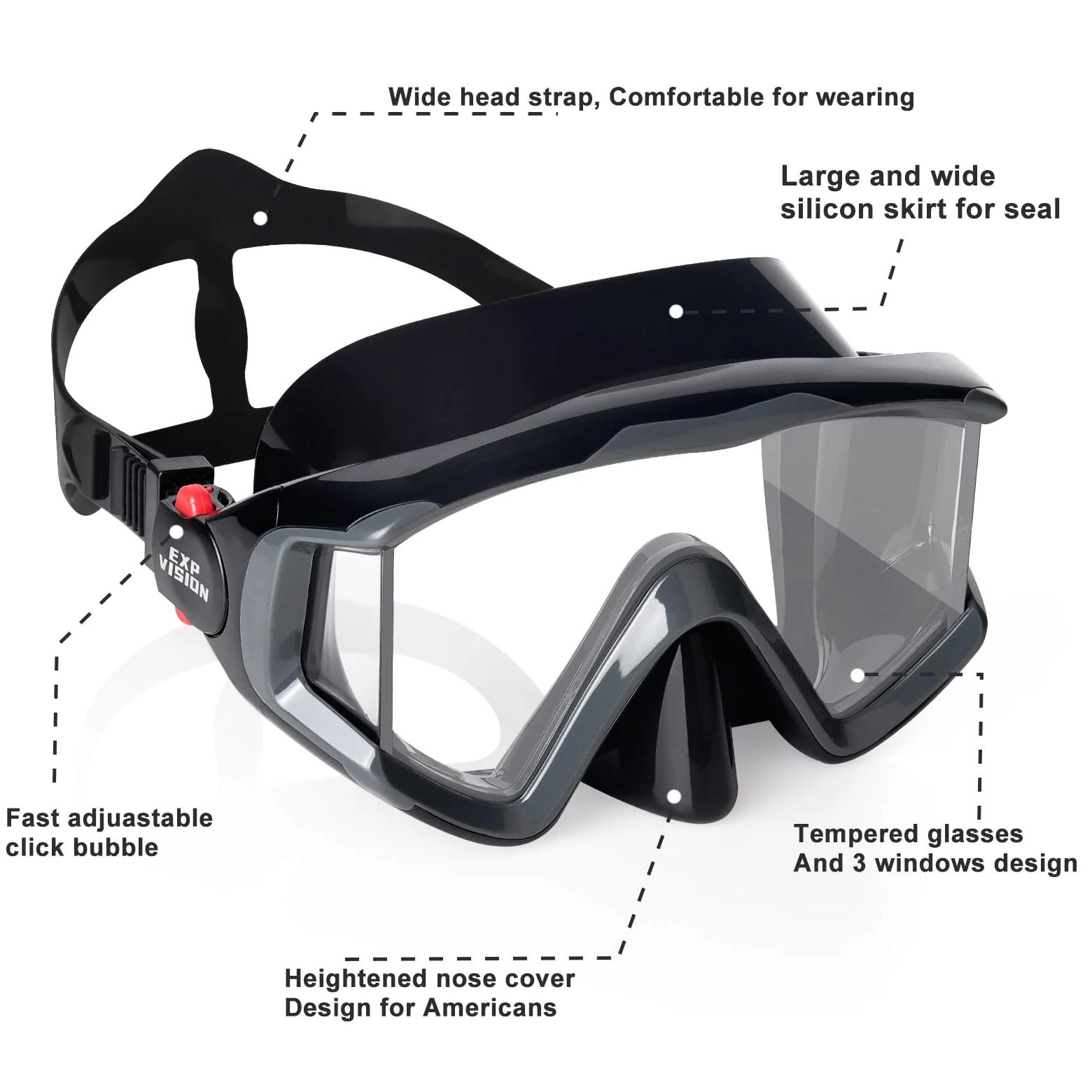 Pano 3 Gafas de buceo para adultos, máscara de buceo de vidrio templado, gafas de natación premium con tapa nasal para snorkel, buceo libre, natación
