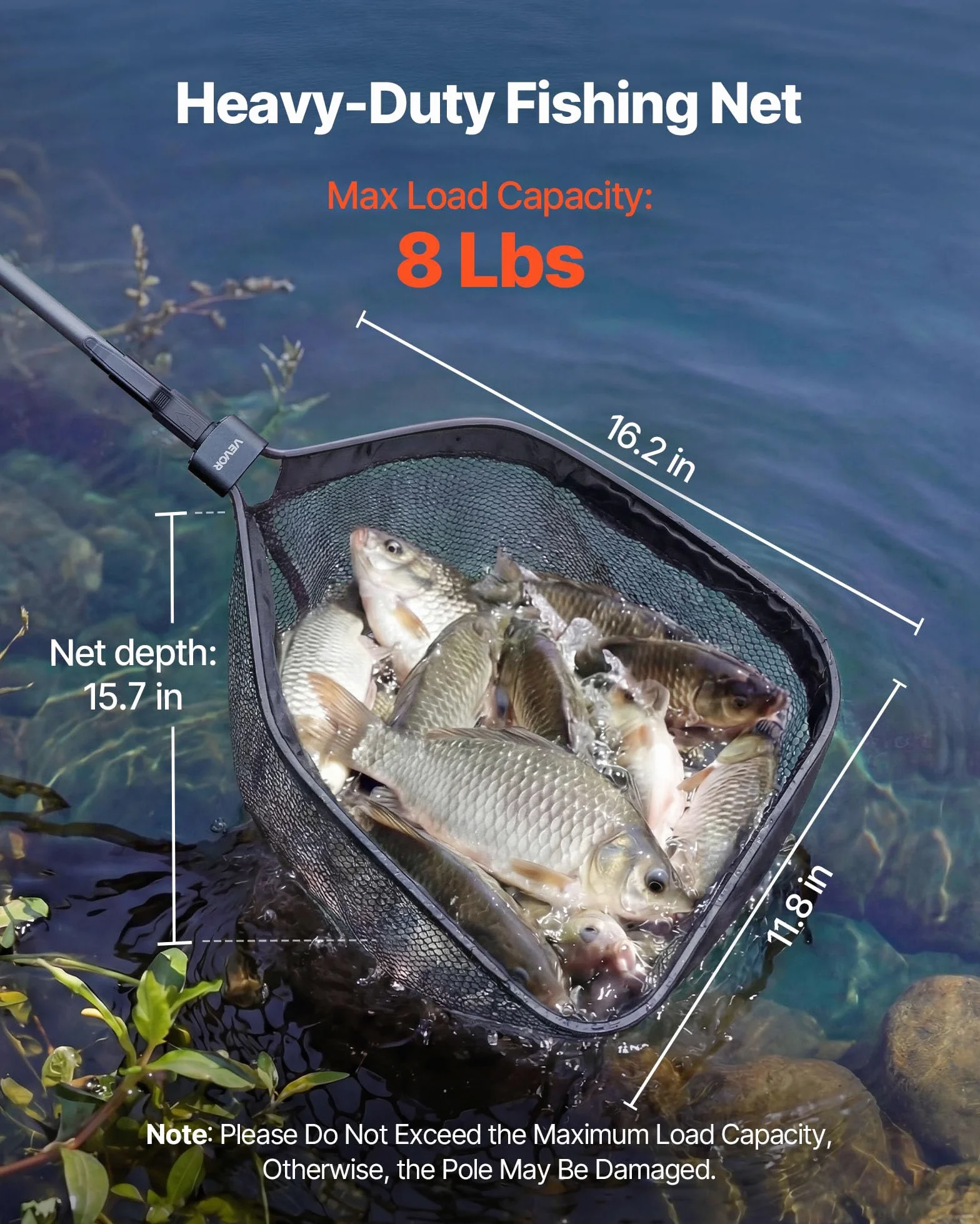 VEVOR Red de Pesca de Fibra de Carbono, Red de Aterrizaje de Peces con Mango Telescópico, Nailon Recubierto de PVC, Portátil y Ligero, Sacadera Soporta hasta 4 kg para Kayak, Barco, Orilla, Estanque
