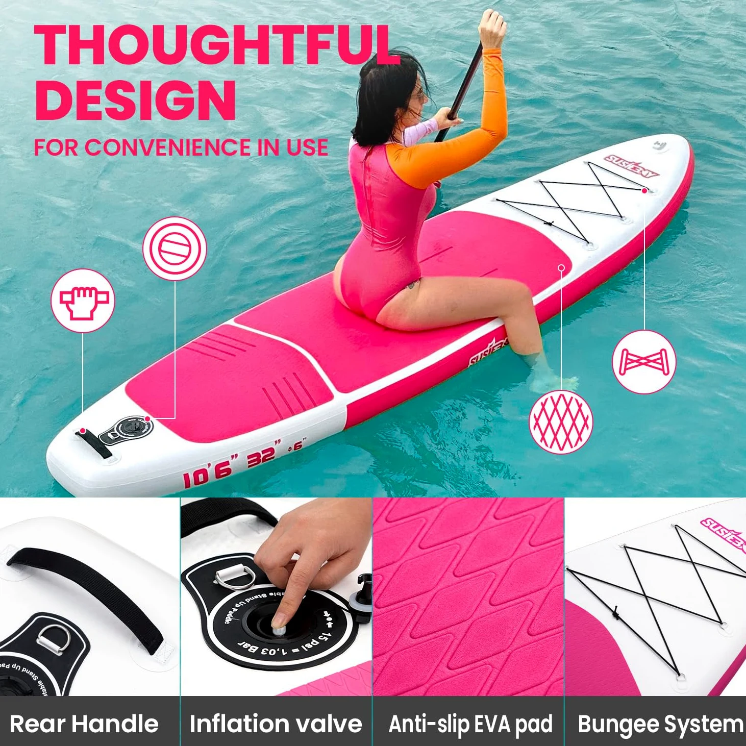 Tabla de remo inflable de pie, tabla de yoga rosa, tabla de remo para adultos, SUP para mujer, incluye bomba de doble acción, bolsa impermeable de 10 L