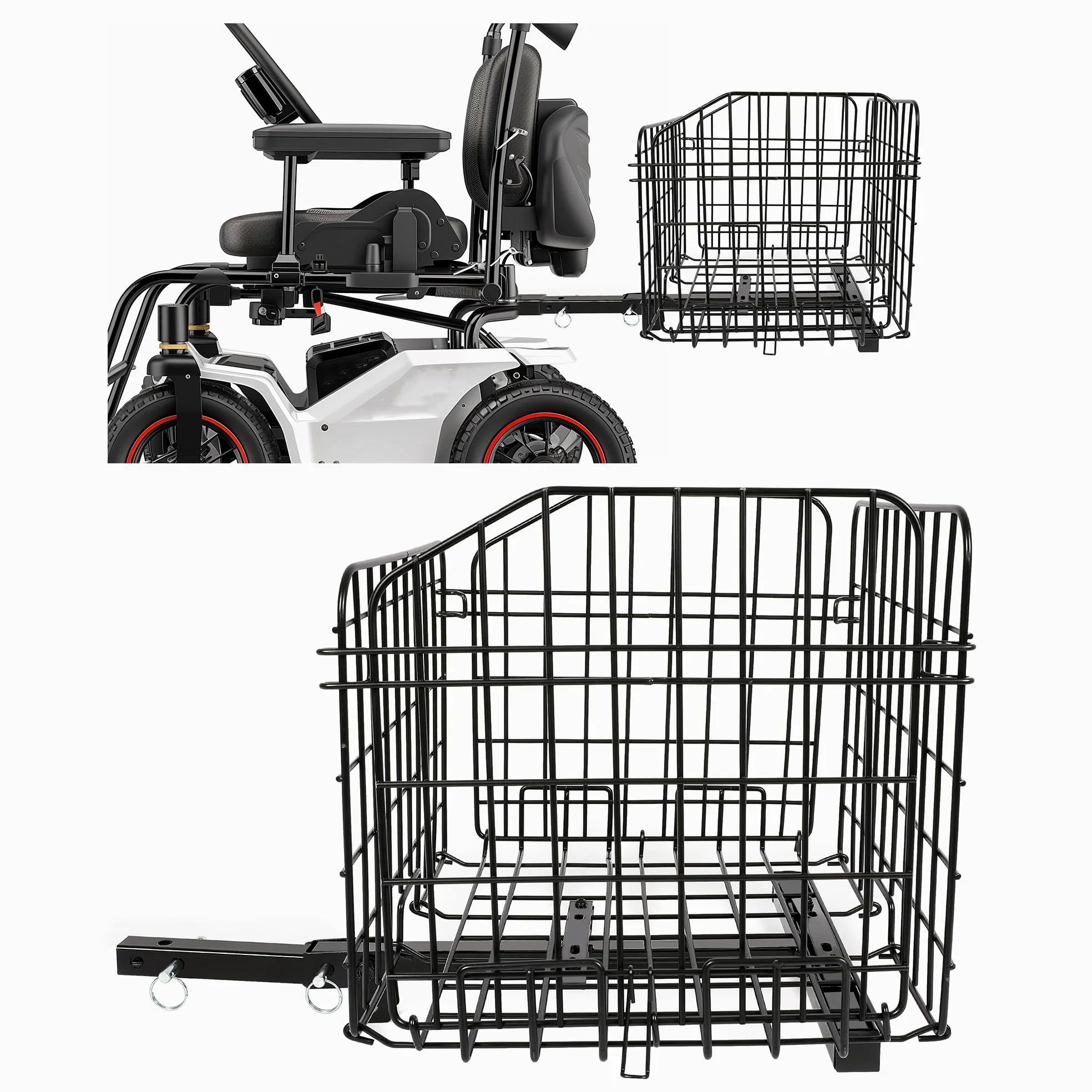 ECOTRIC Cesta plegable trasera compatible con la mayoría de scooters Pride Mobility impermeable, hecha de acero y funciona con receptor de 1 pulgada, cesta de carga, color negro