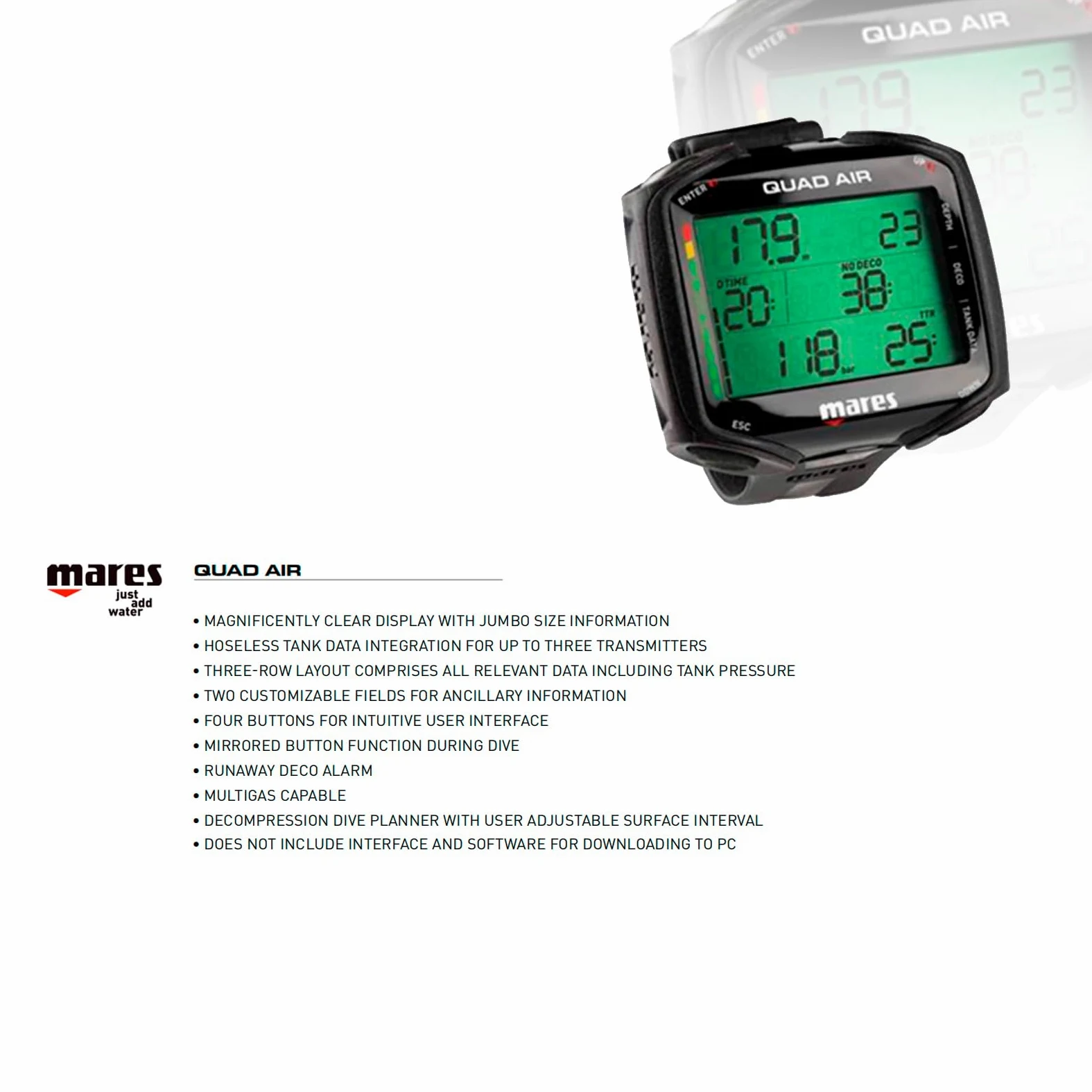 MARES Quad Air Smart Wrist Underwater - Ordenador de buceo subacuático, negro - TBK (414169-BKTB)