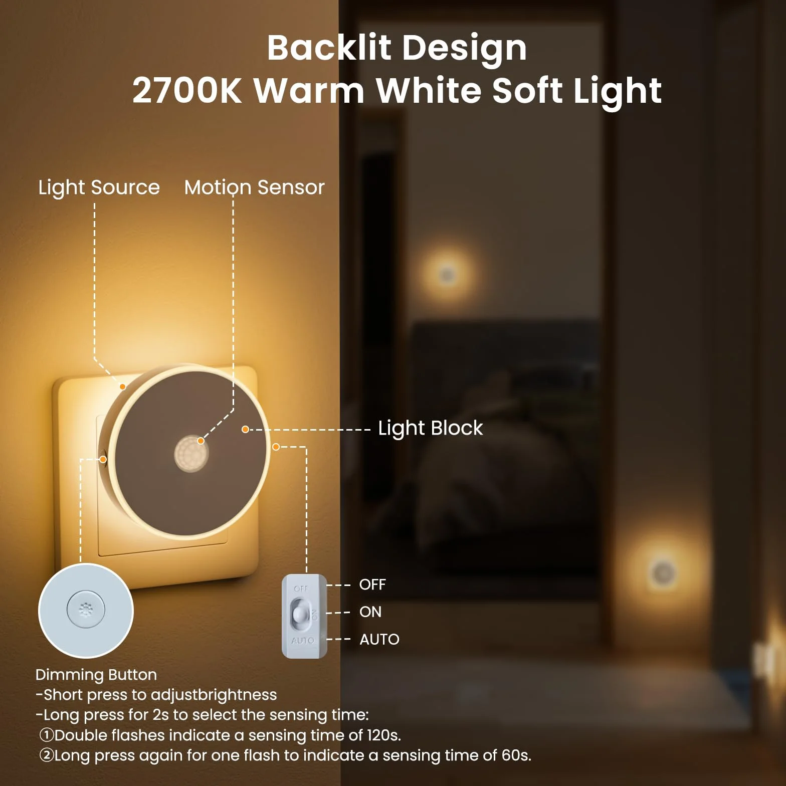 Luz Nocturna Infantil 2 Pcs, LED con Sensor de Movimiento, Enchufable Brillo Ajustable, 3 Modos AUTO/ON/OFF, Blanco Cálido