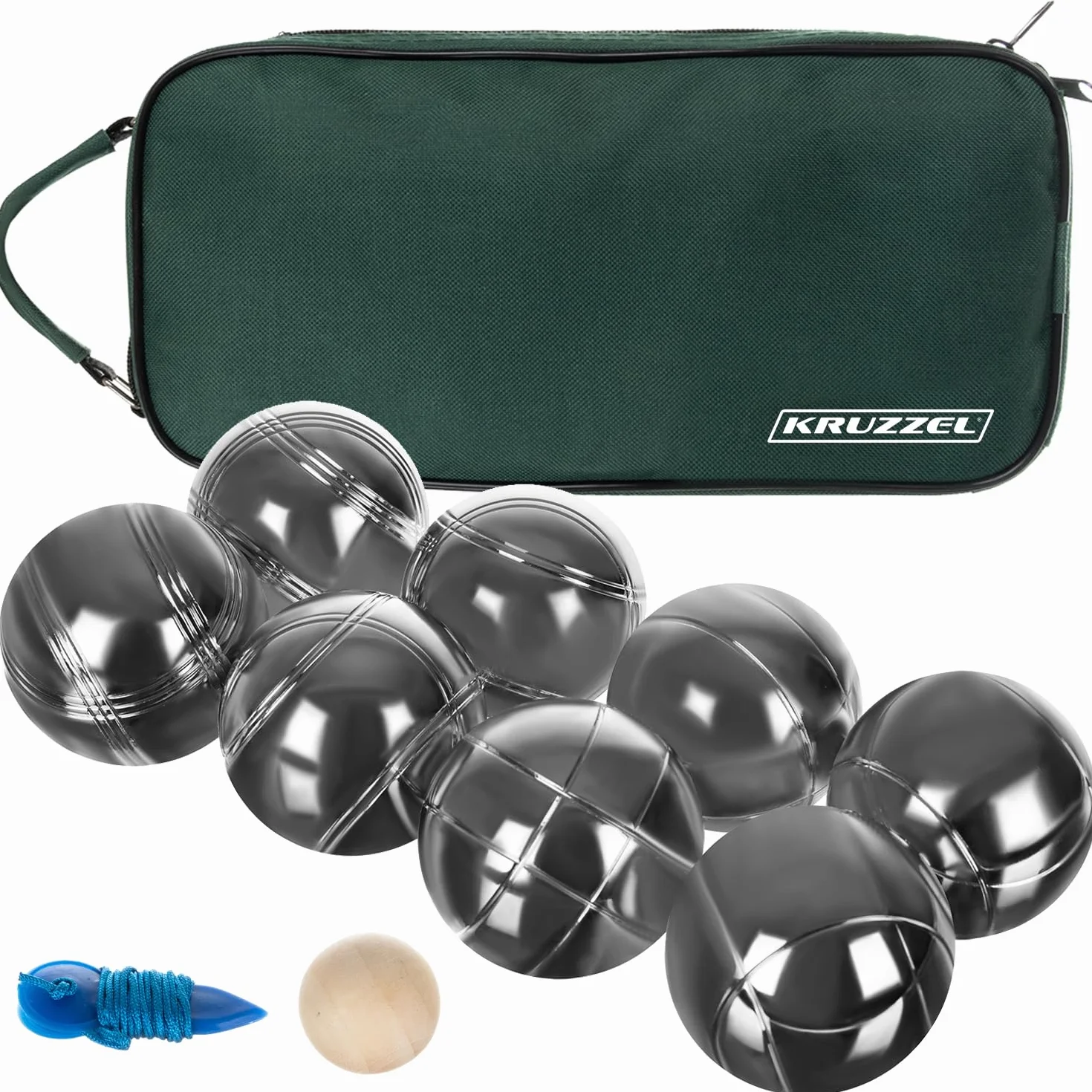 KRUZZEL Juego de petanca 8 bolas metal + madera cinta métrica maletín transporte