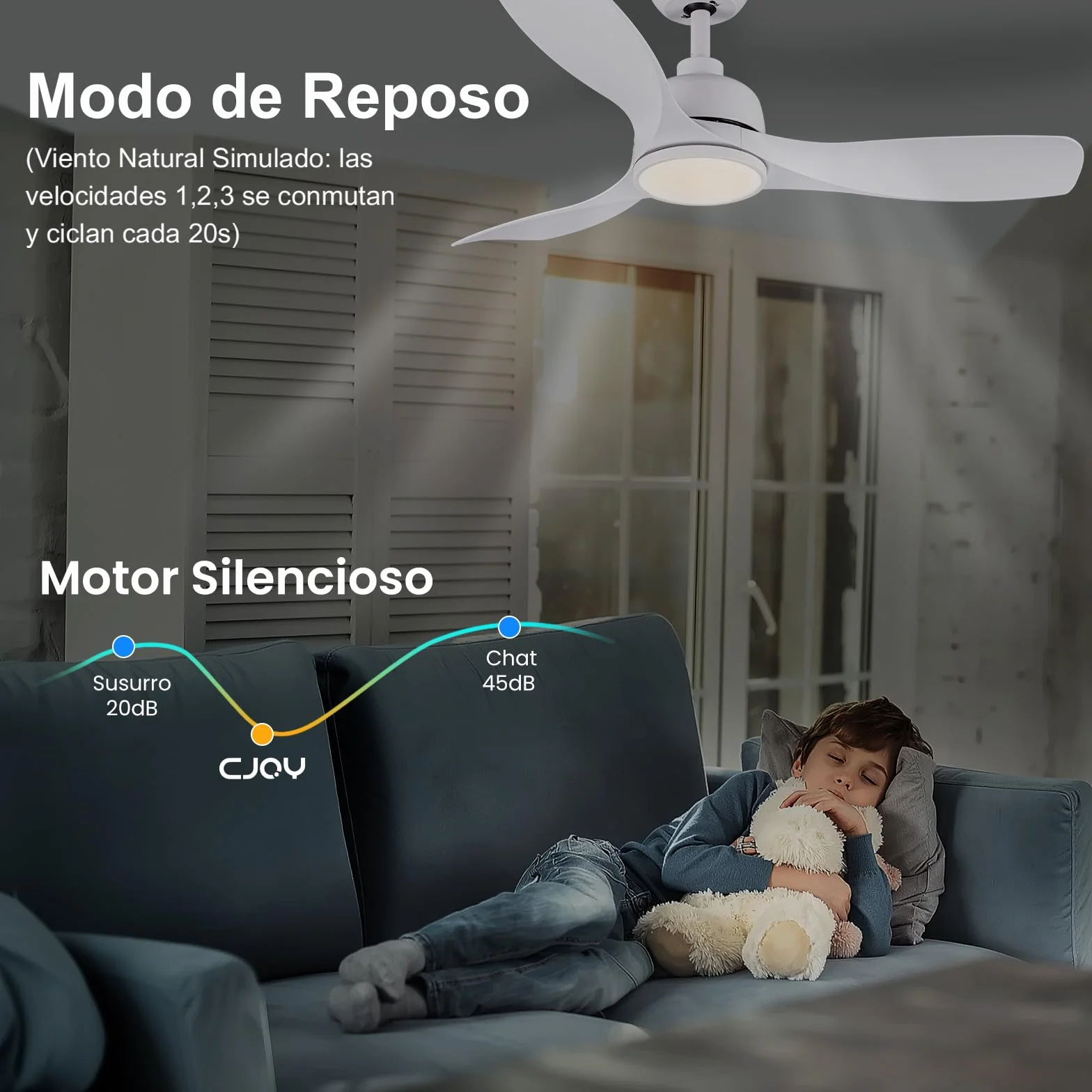 CJOY Ventilador de Techo con Luz 107cm Blanco, Mando Silencioso, 6 Velocidades, Memoria 3 CCT, LED Regulable, DC Reversible
