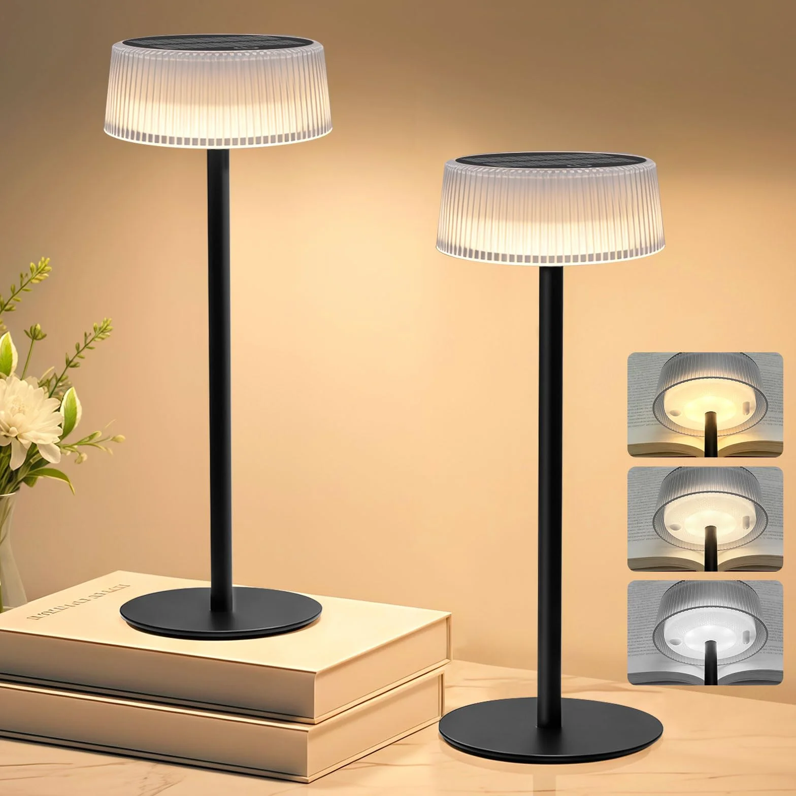 Lacasa Lamparas de Mesa Solar 2 Pack Regulable Tactil 3000-6000K IP67 Impermeable 4000mAh LED Recargable Portatil