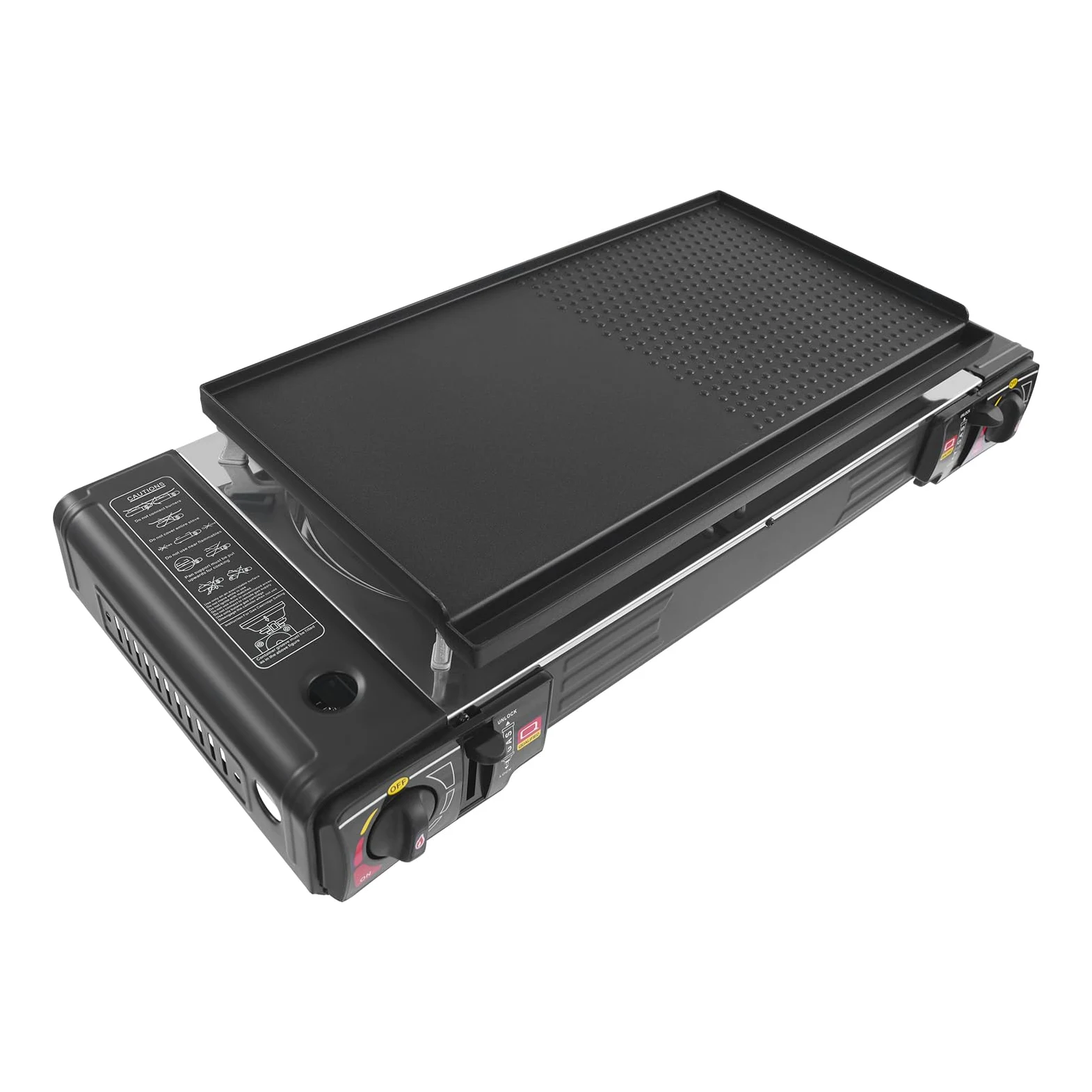 Hornillo de gas para camping de 2500 W, 2500 W, set con parrilla, placa de gas portátil con maletín, cocina de gas rectangular doble, cocina de camping, cocina de gas para exterior, balcón y mesa