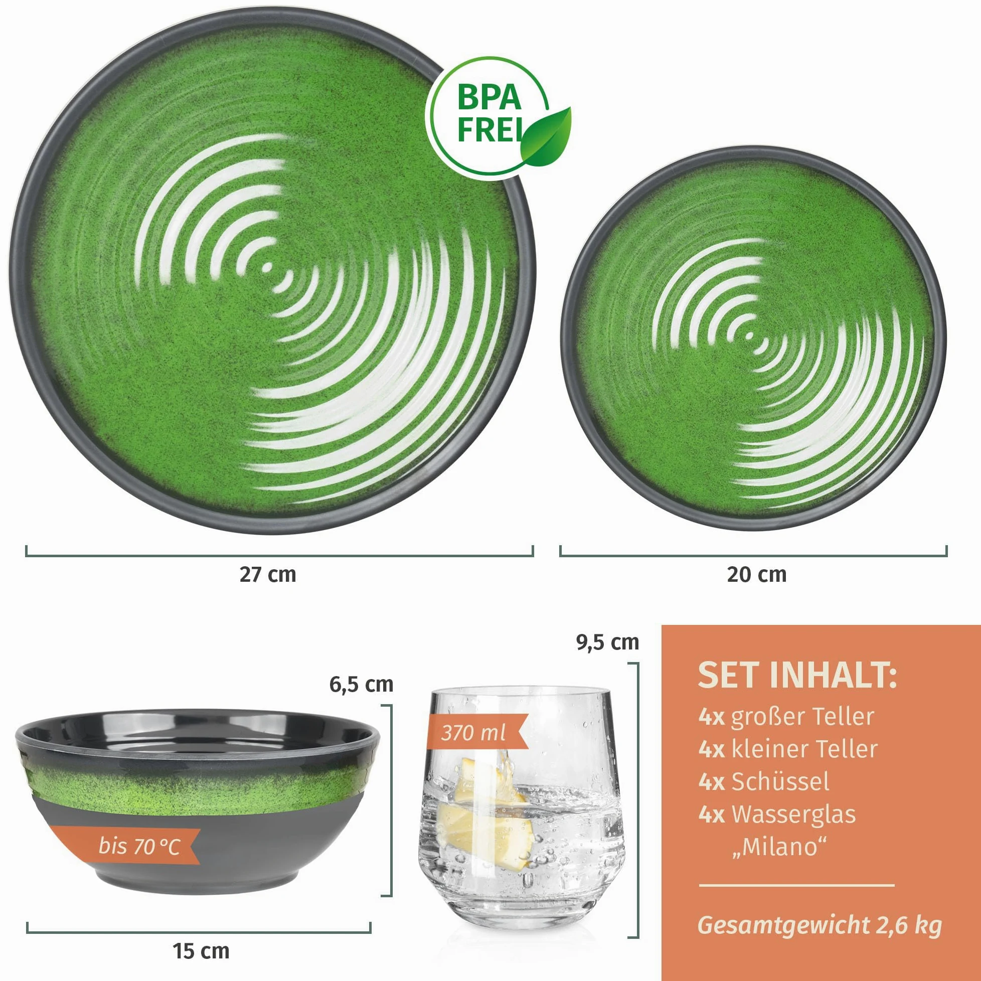 Vajilla de melamina para camping, 4 personas, color verde piedra + 4 vasos Milano vasos de agua, vajilla de pícnic, barbacoa