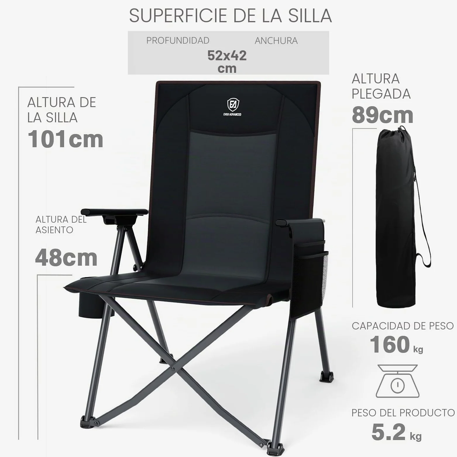 EVER ADVANCED Silla plegable de Campinng con respaldo ajustable, soporta 160 kg, silla plegable reclinable en 4 posiciones, silla plegable con bolsillo lateral y soporte para bebidas para camping