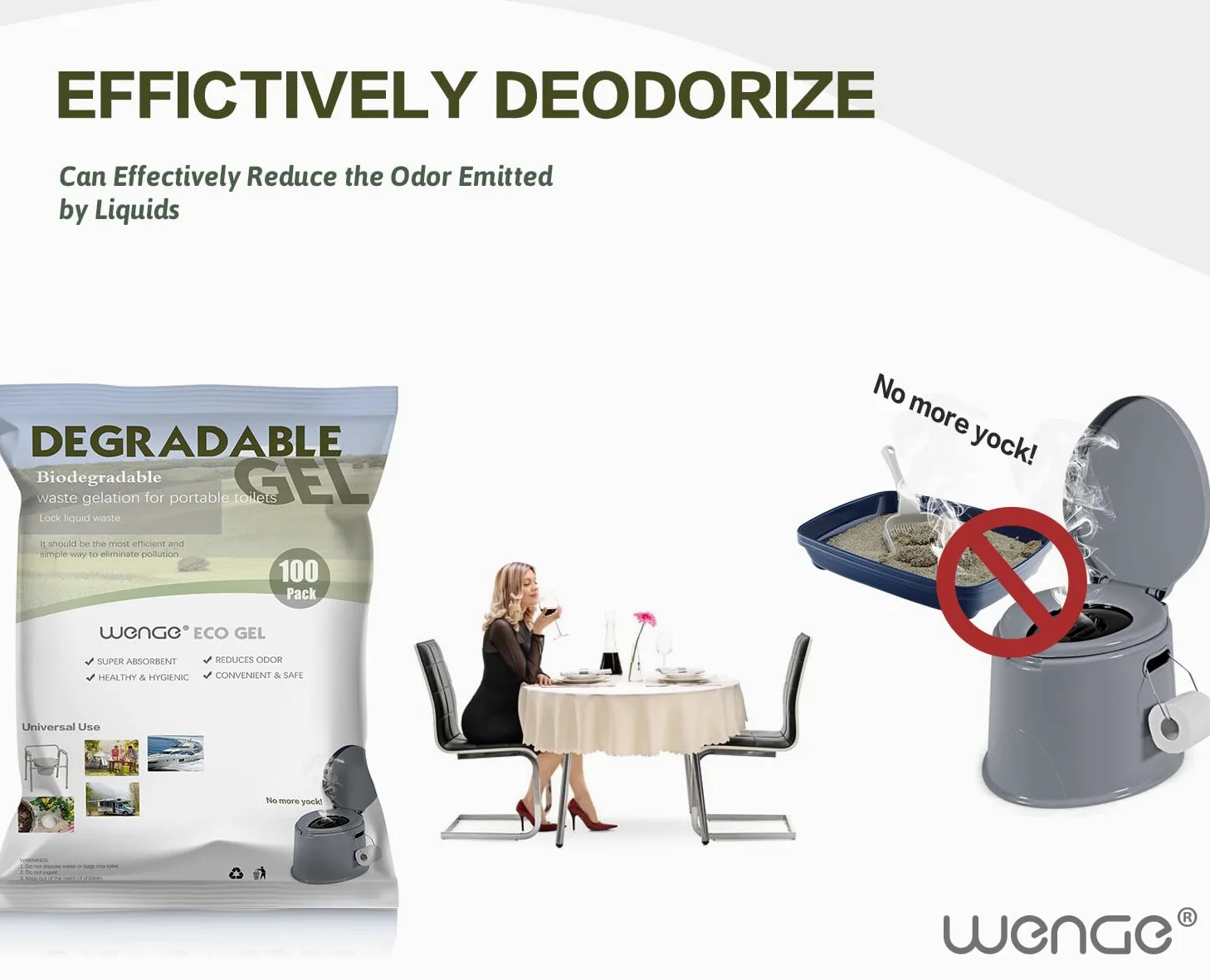 Wenge Gel de caca para inodoro portátil para camping, paquete de 100 unidades de orina súper absorbente, solidificante, polvo desodorizante y gelificante de residuos líquidos, gel ecológico para