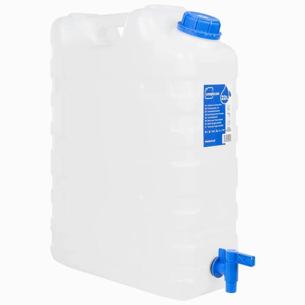 Depósito de agua de 20 L con grifo transparente HDPE Camping Bidón con gran abertura de llenado 48 mm apilable para garaje, cocina, despensa, exterior de emergencia