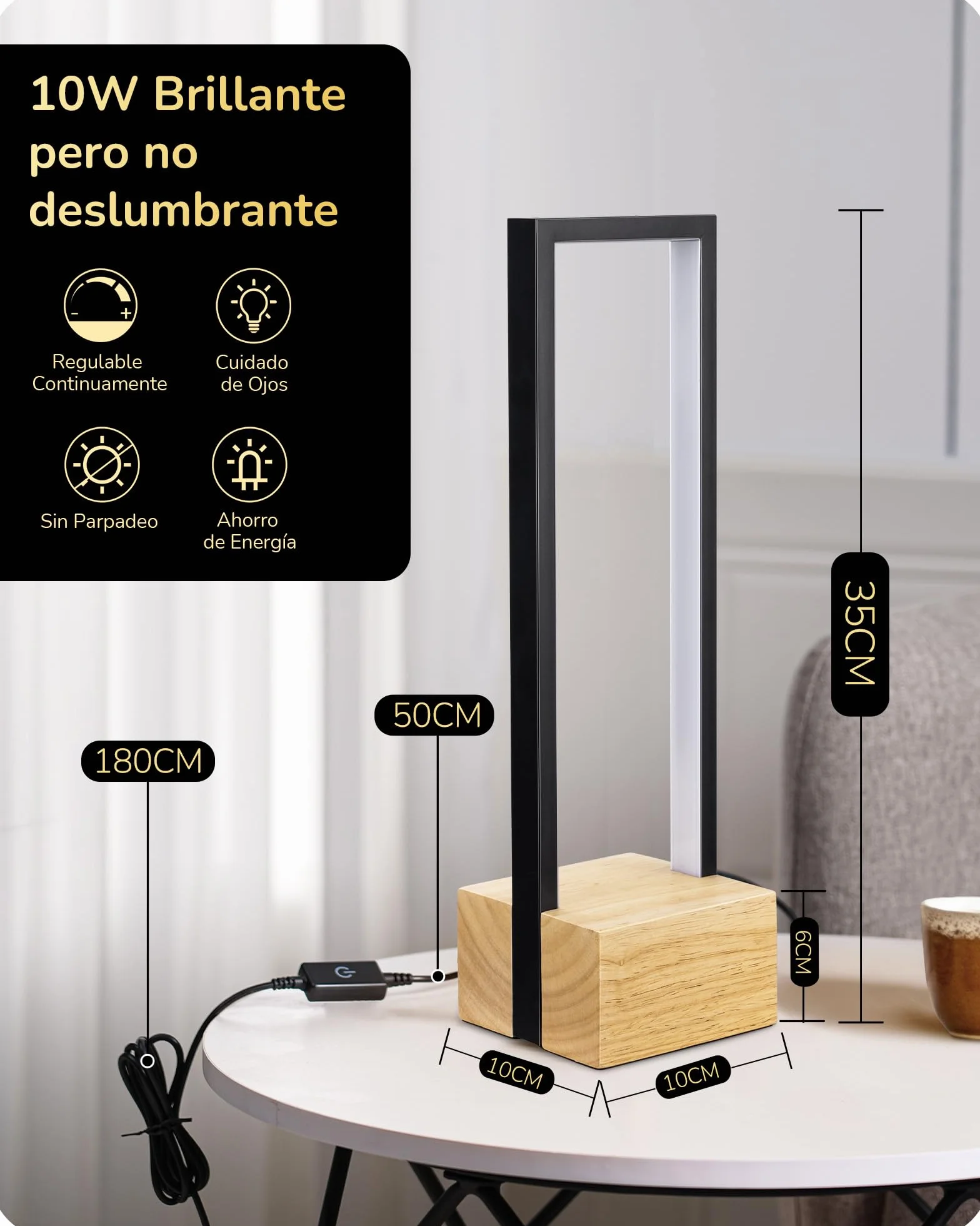 EDISHINE Lámpara de Mesa LED Regulable, 3 Temperaturas de Color 3000K-6000K, Táctil, Aluminio Negro y Madera