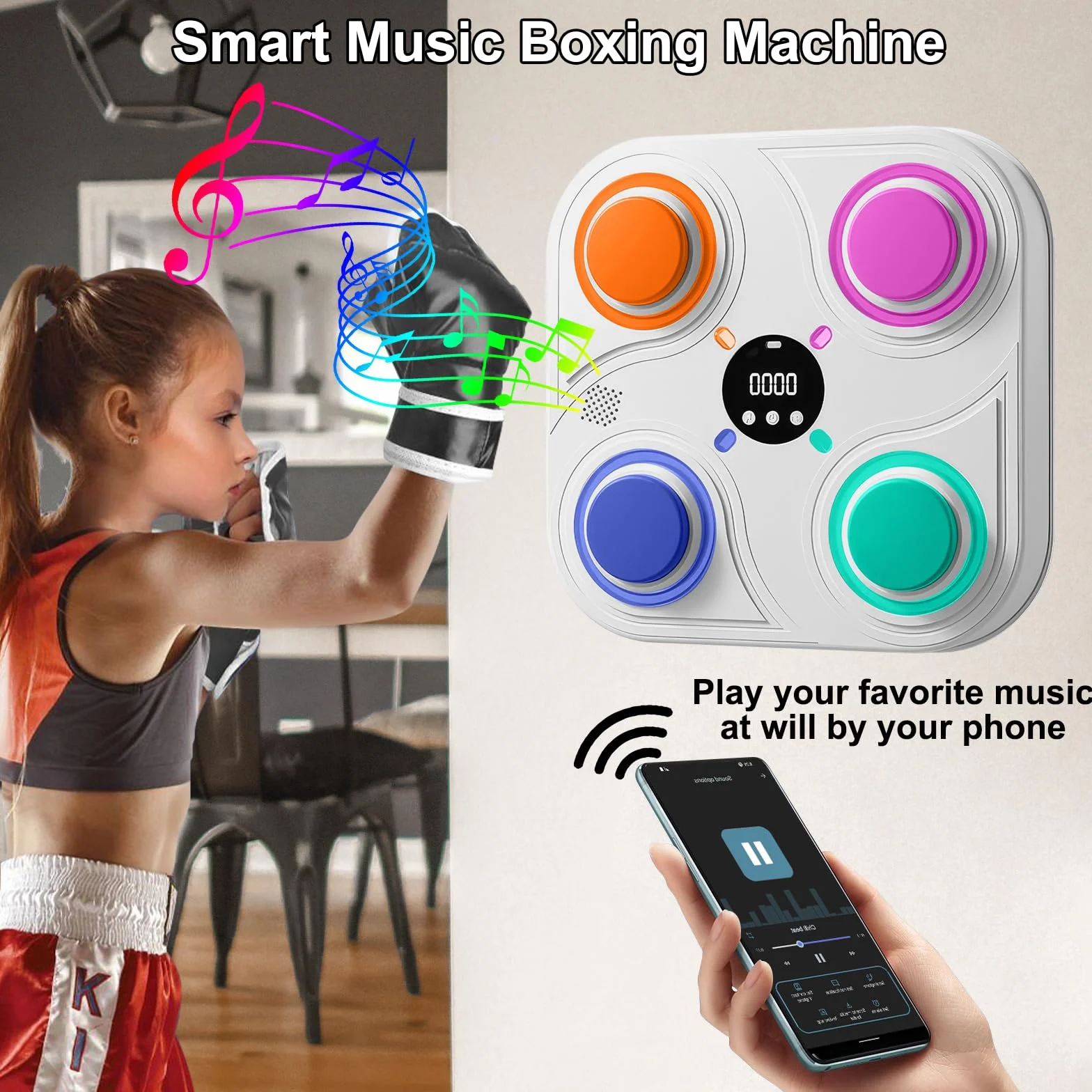 Máquina de Boxeo Musical, Máquina de Boxeo con Guantes y Luces LED, Máquina de Boxeo Musical Inteligente de 4 Modos, Máquina de Boxeo Montada en la Pared para Niños, Adultos