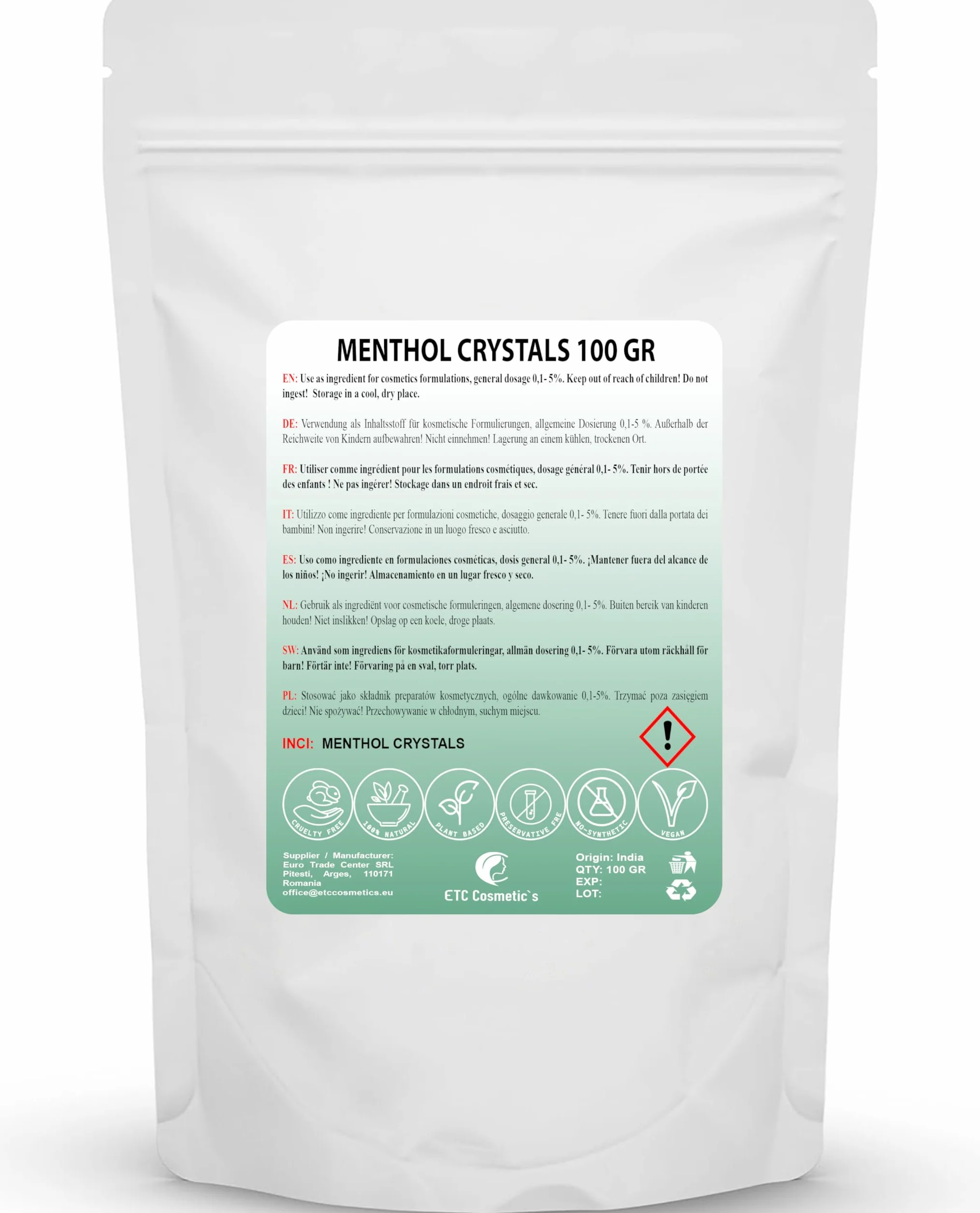 Cristales de Mentol 100 gr Efecto Refrescante Ingrediente Formulación Cosmética Sauna Aceite de Menta