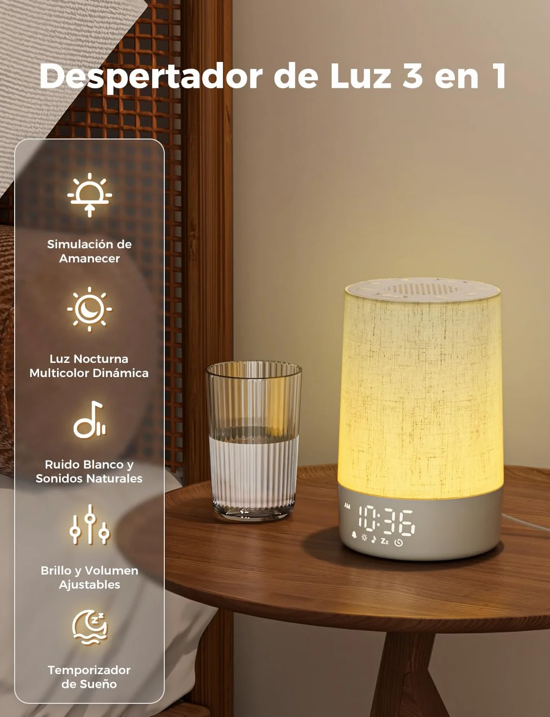 LIORQUE Despertador Amanecer Luz Natural 10 Niveles Brillo 30 Melodías Temporizador Sueño Alarma Snooze