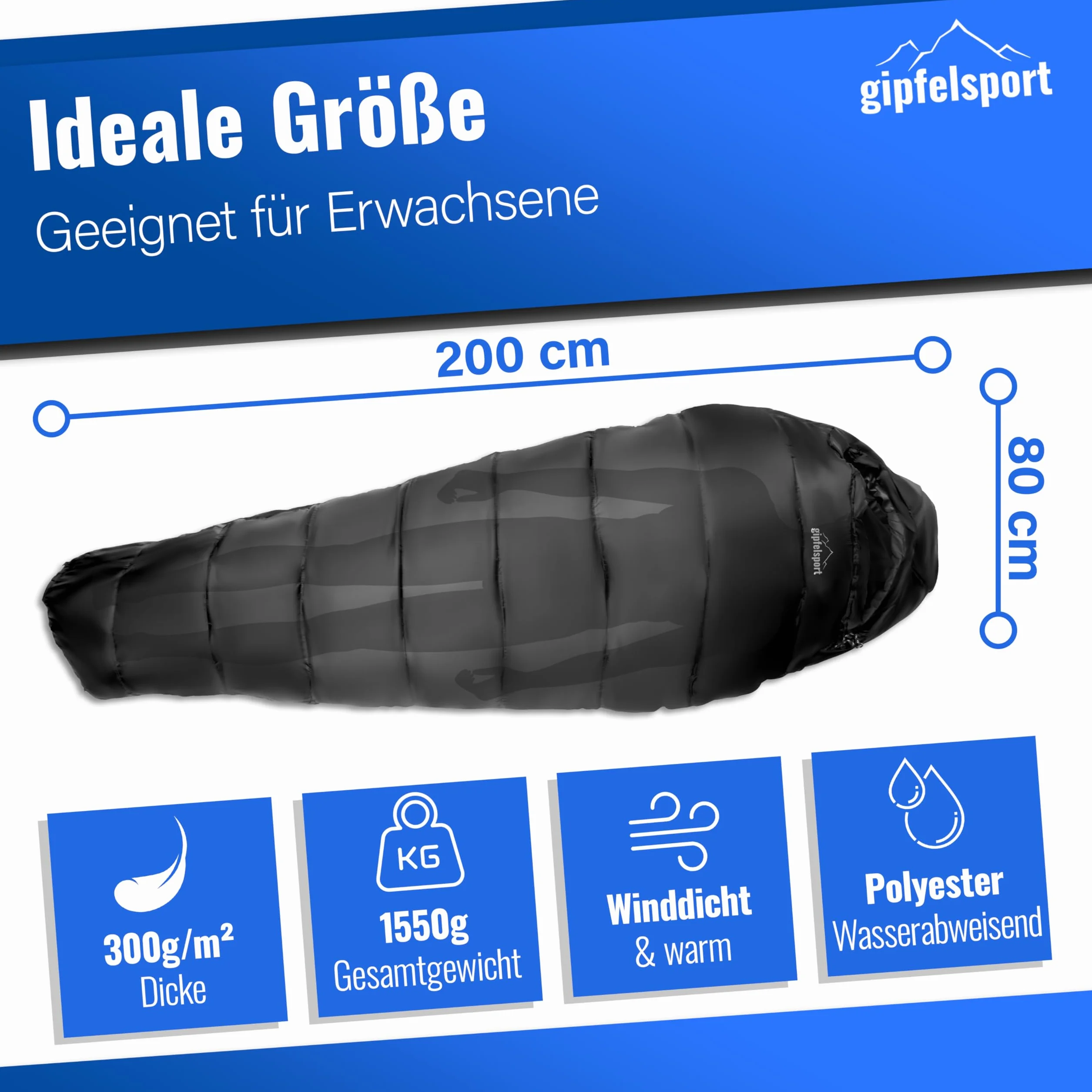 gipfelsport Saco de Dormir Momia - Saco de Dormir de Exterior para Adultos y Niños | para Invierno, Otoño y Primavera
