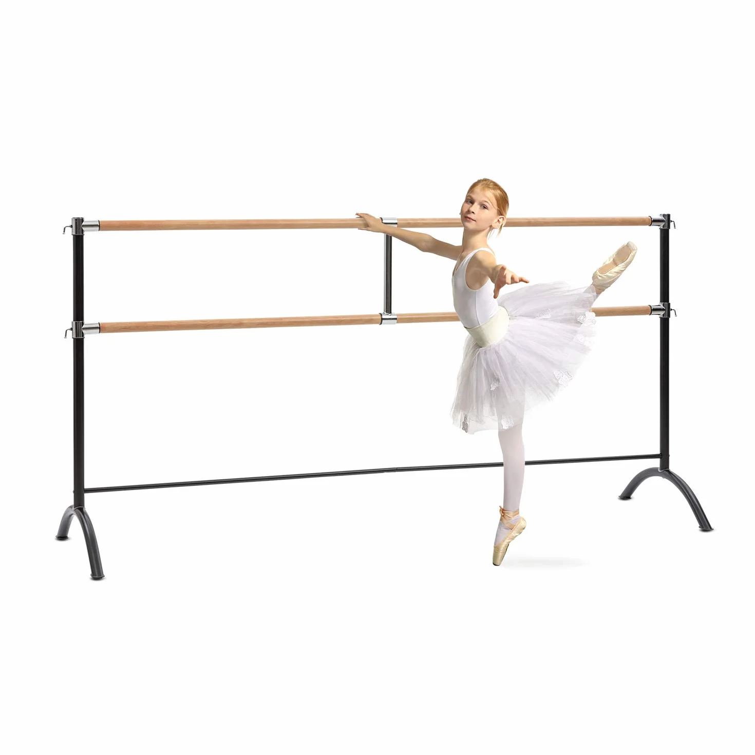 Klarfit Barre Doble de Ballet para Casa, Recubrimiento de Goma Antideslizante, Altura Flexible, Acero con Aspecto de Madera