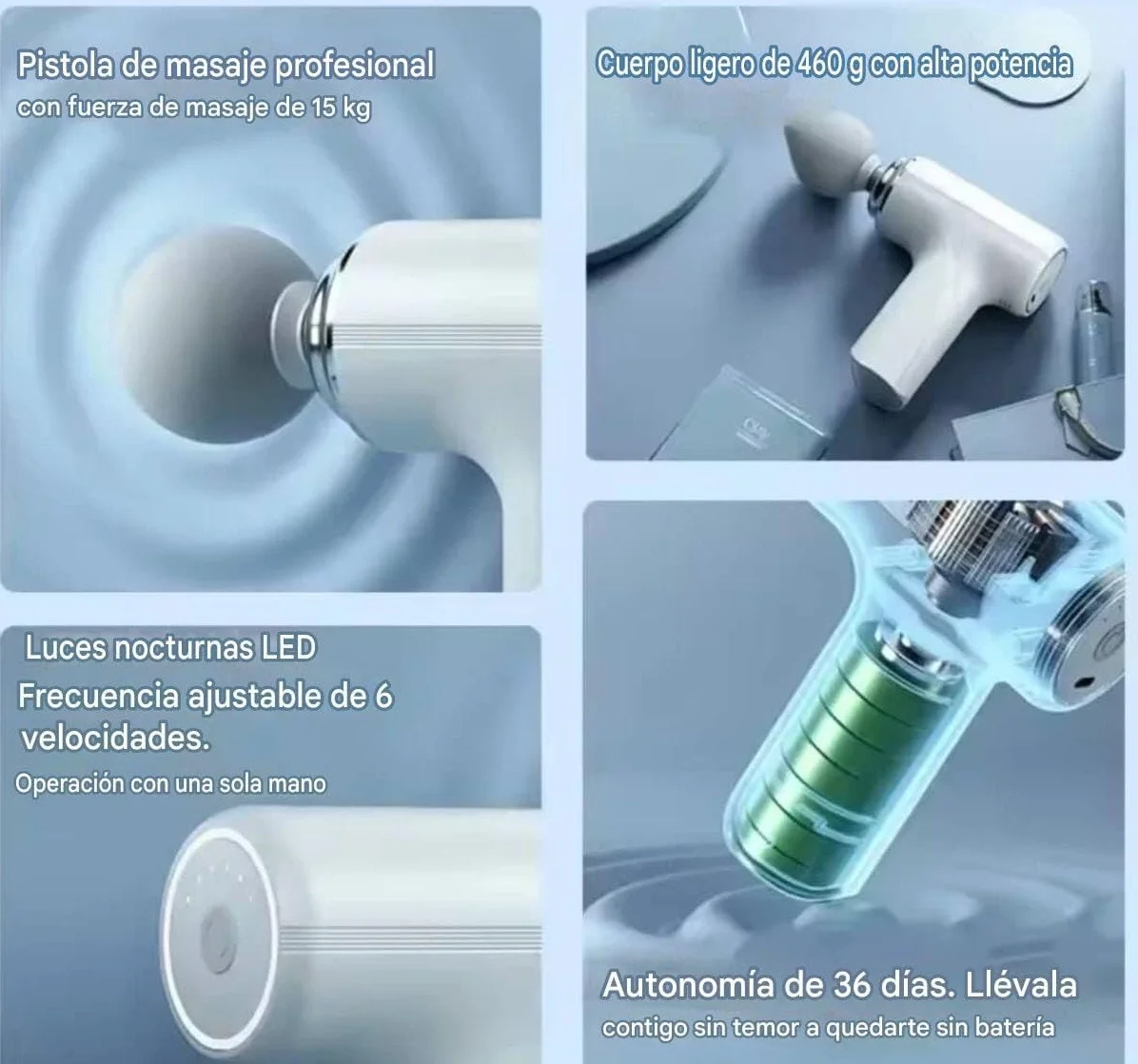 Masajeador Muscular Portátil 6 Velocidades 4 Cabezales USB-C