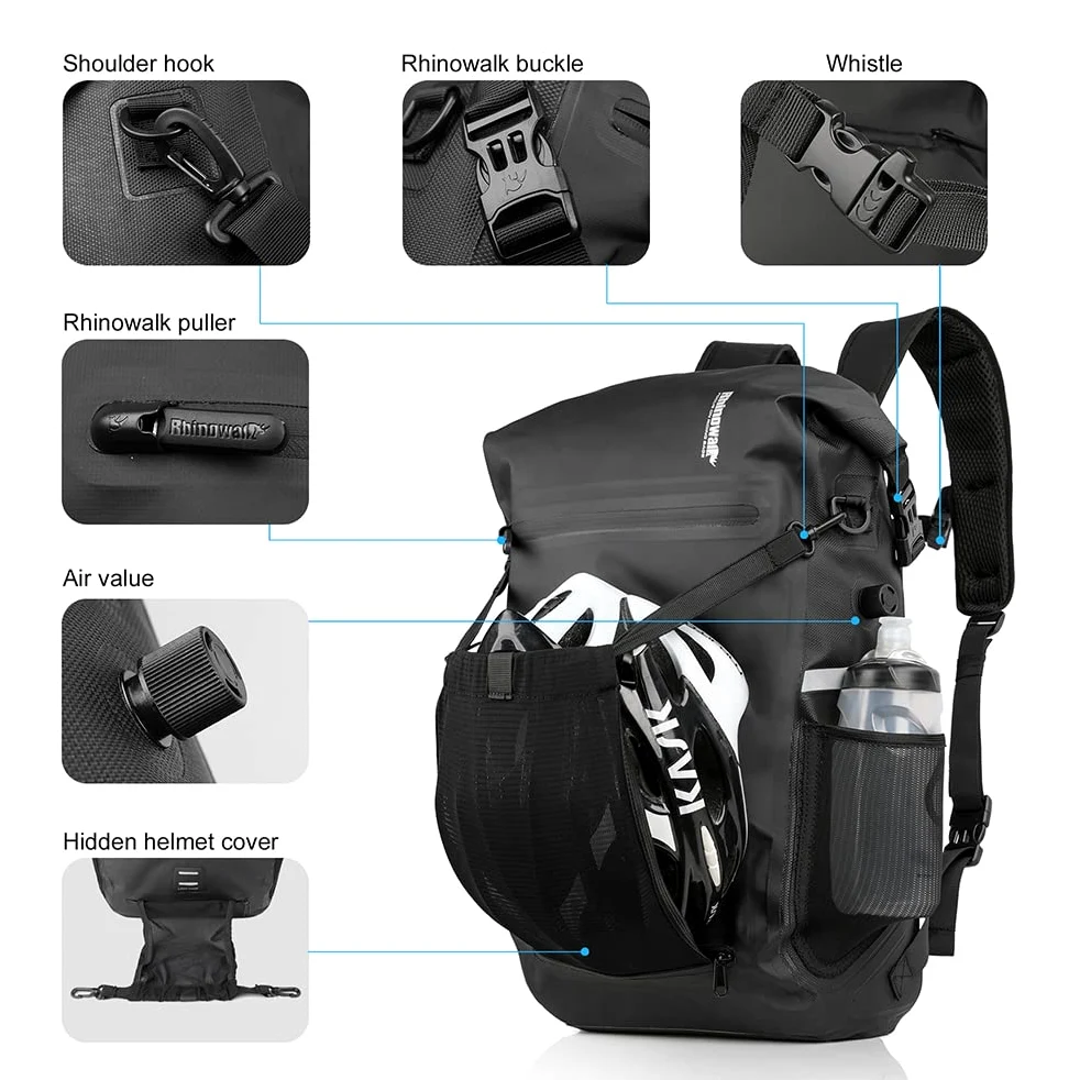 Rhinowalk Bolsa para Bicicleta Impermeable de 22 L, de Hombro y Viaje, Accesorio de Ciclismo Profesional, Negro