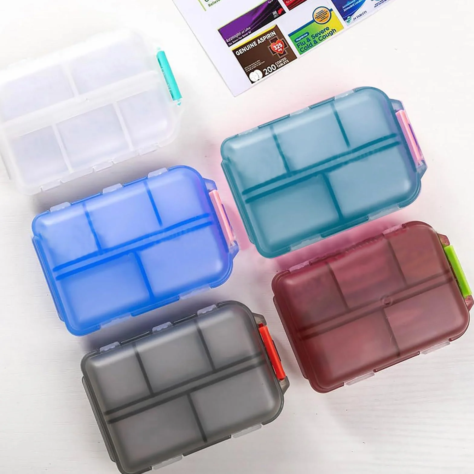 Organizador de Pastillas pequeño, Almacenamiento de Doble Capa con 147 Etiquetas artesanales, 10 Compartimentos, Tableta cápsula de Viaje para Farmacia de Bolsillo Transparente Verde