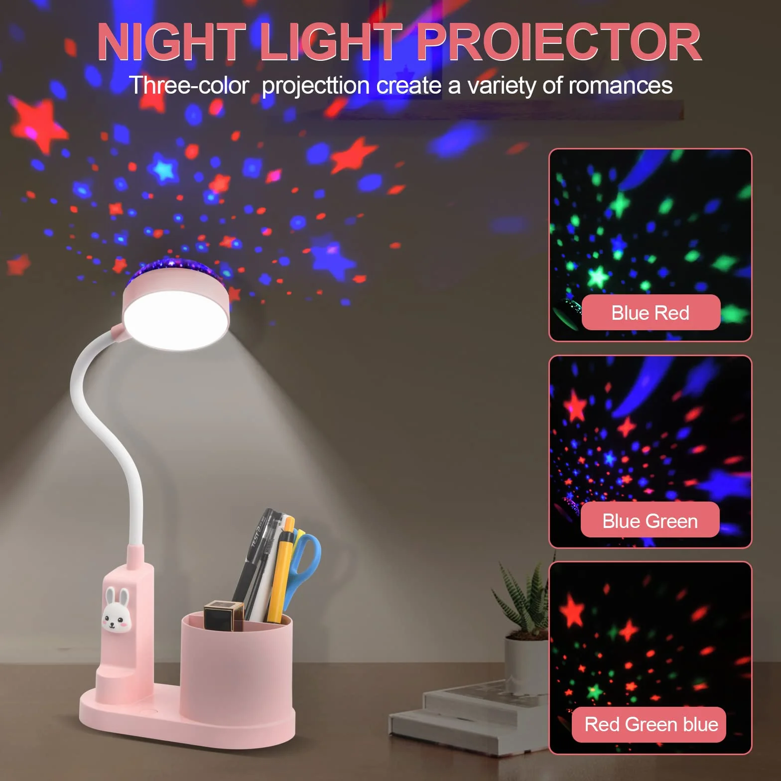 Lámpara de escritorio para niños con proyección de estrella, recargable, cuello de cisne flexible, conejo rosa