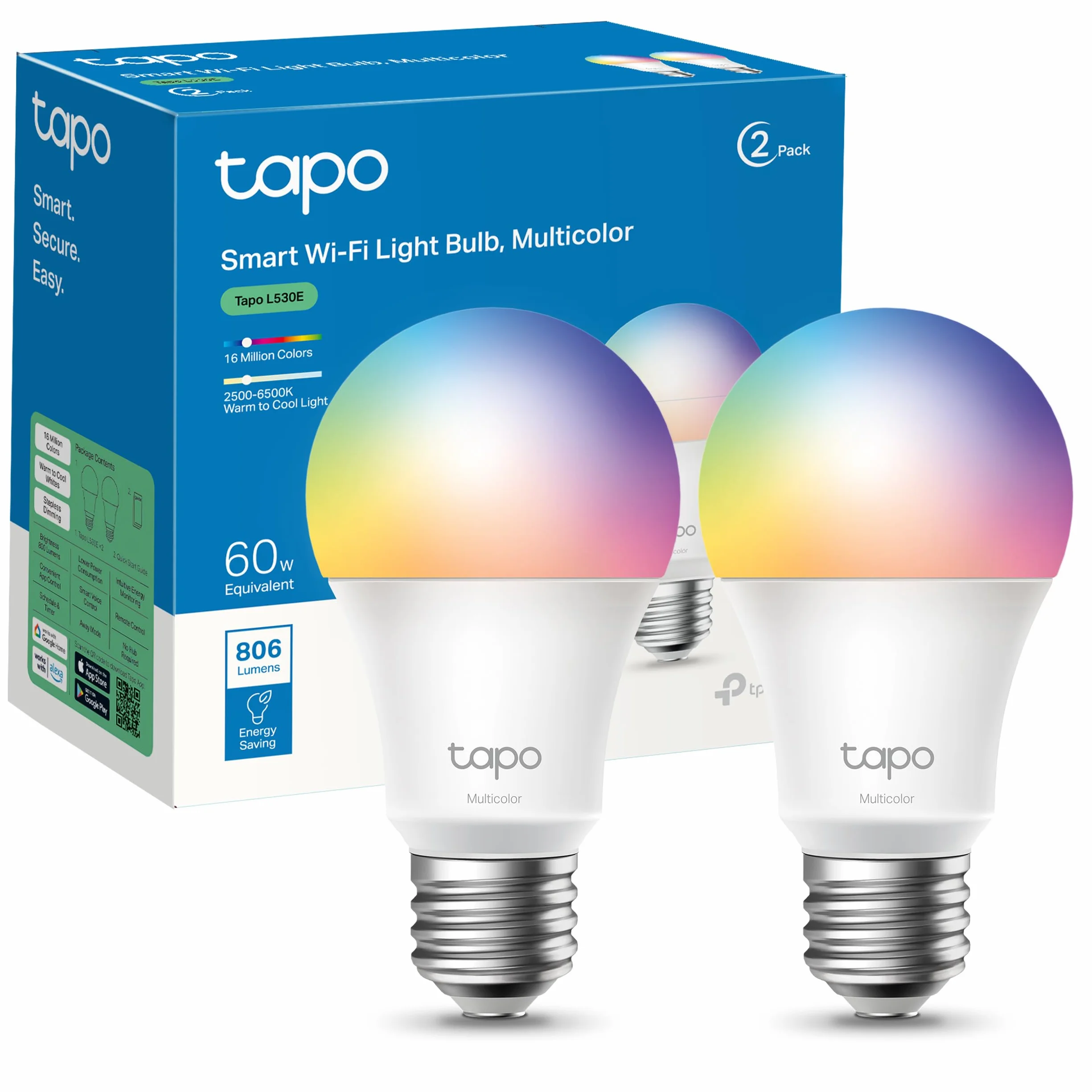 Tapo L530E Bombilla LED inteligente Wi-Fi multicolor regulable E27 60W 806 lúmenes compatible Alexa Google Home paquete de 2