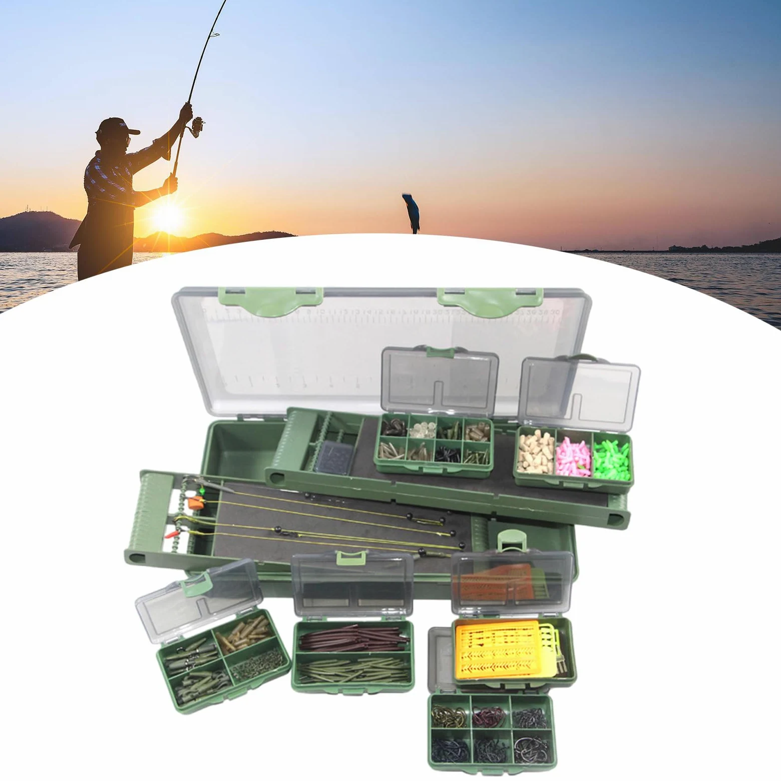 Caja de aparejos de pesca, caja de almacenamiento con múltiples compartimentos con tapa transparente, señuelos de pesca, anzuelos, contenedor para pescadores