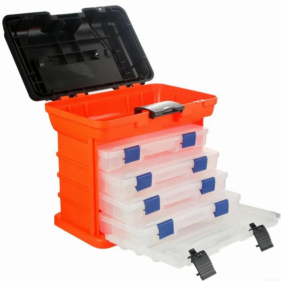 Caja de aparejos de pesca, organizador de almacenamiento portátil de 4 capas con asiento de asa plegable, bloqueo de hebilla gruesa para líneas de carretes de señuelo, caja de engranajes