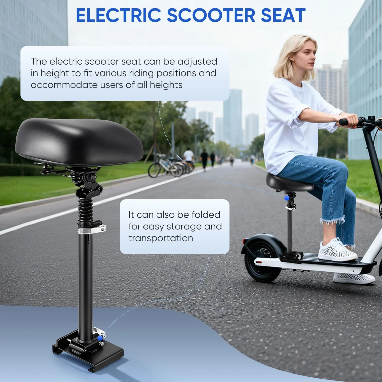 Asiento para patinete eléctrico ajustable 13-19 cm, plegable, bordes curvos, 55-68 cm, adultos