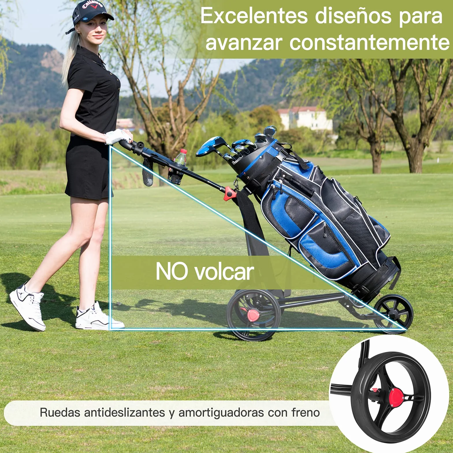 GYMAX Carro de Golf Plegable, 3 Ruedas, Red de Malla, Soporte Paraguas, Hierro, Negro