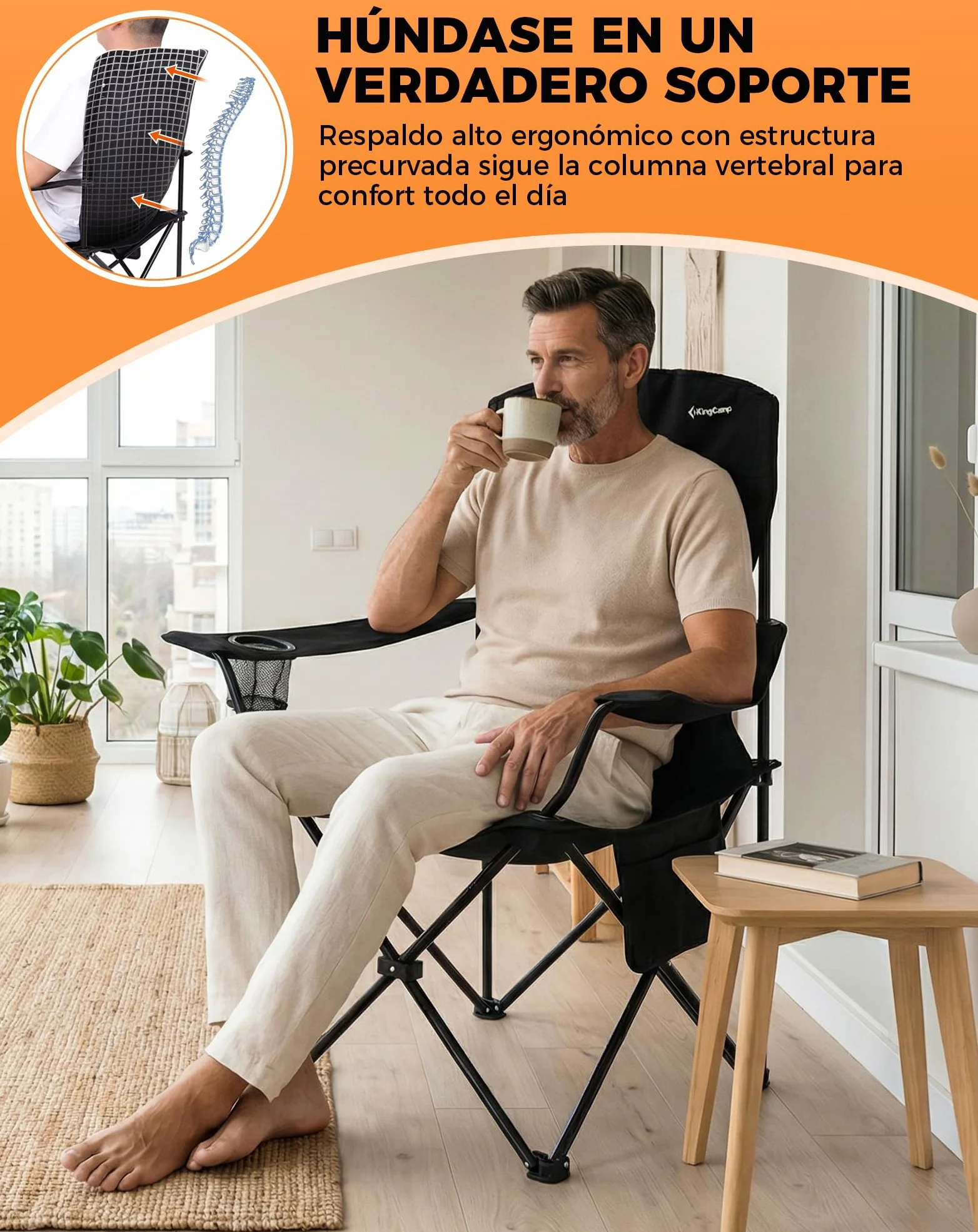 KingCamp Silla de Camping Plegable Ergonómica Acolchada 150 kg | Con Portavasos, Bolsillo Lateral, Solo 2,8 kg, Tamaño Compacto 15×15×93 cm para Camping, Jardín, Pesca y Exterior
