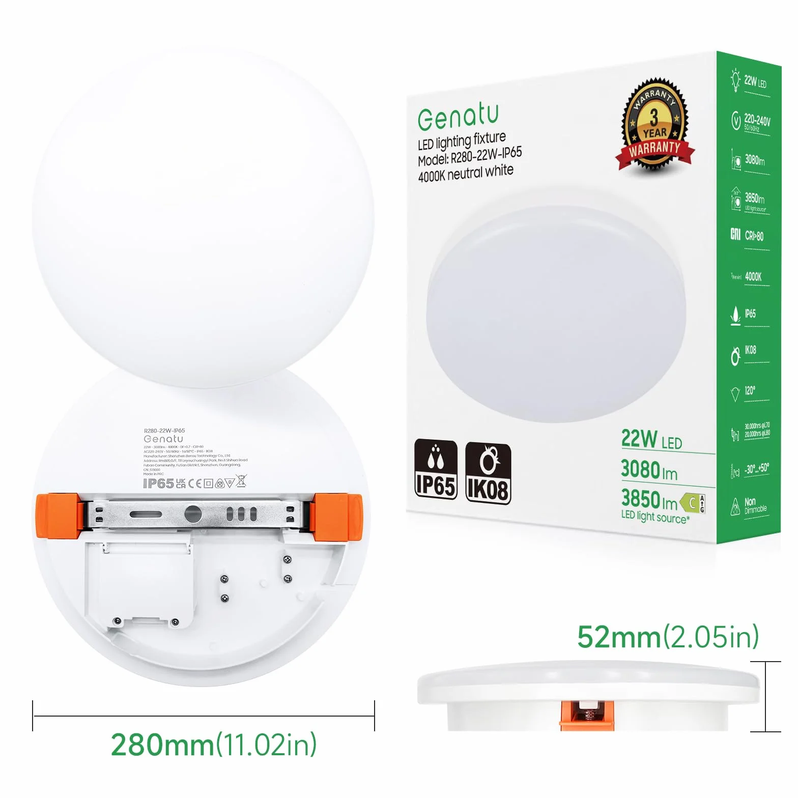 Plafoniera LED IP65 22W 3080lm 4000K Ø28cm Blanco Día