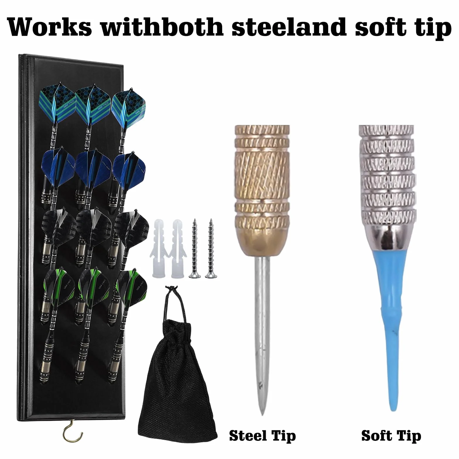 Soporte para dardos de madera para 12 dardos, soporte de madera de, práctico almacenamiento para dardos, soporte para colgar en la pared, para cualquier tipo de diana (negro)