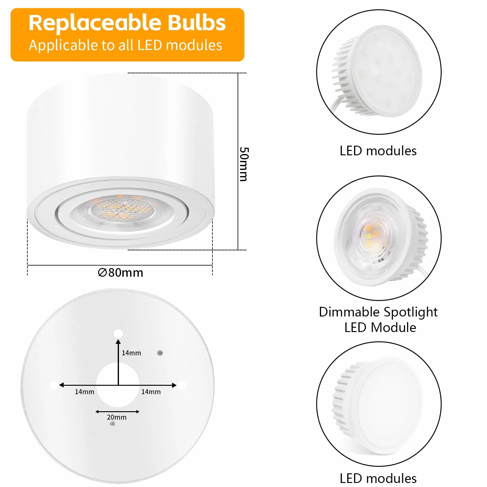 GeyouLux Focos LED Techo Superficie 230V 5W 500LM 3000K Ø80x50mm Ultradelgado Ajustable 38° Aluminio Blanco