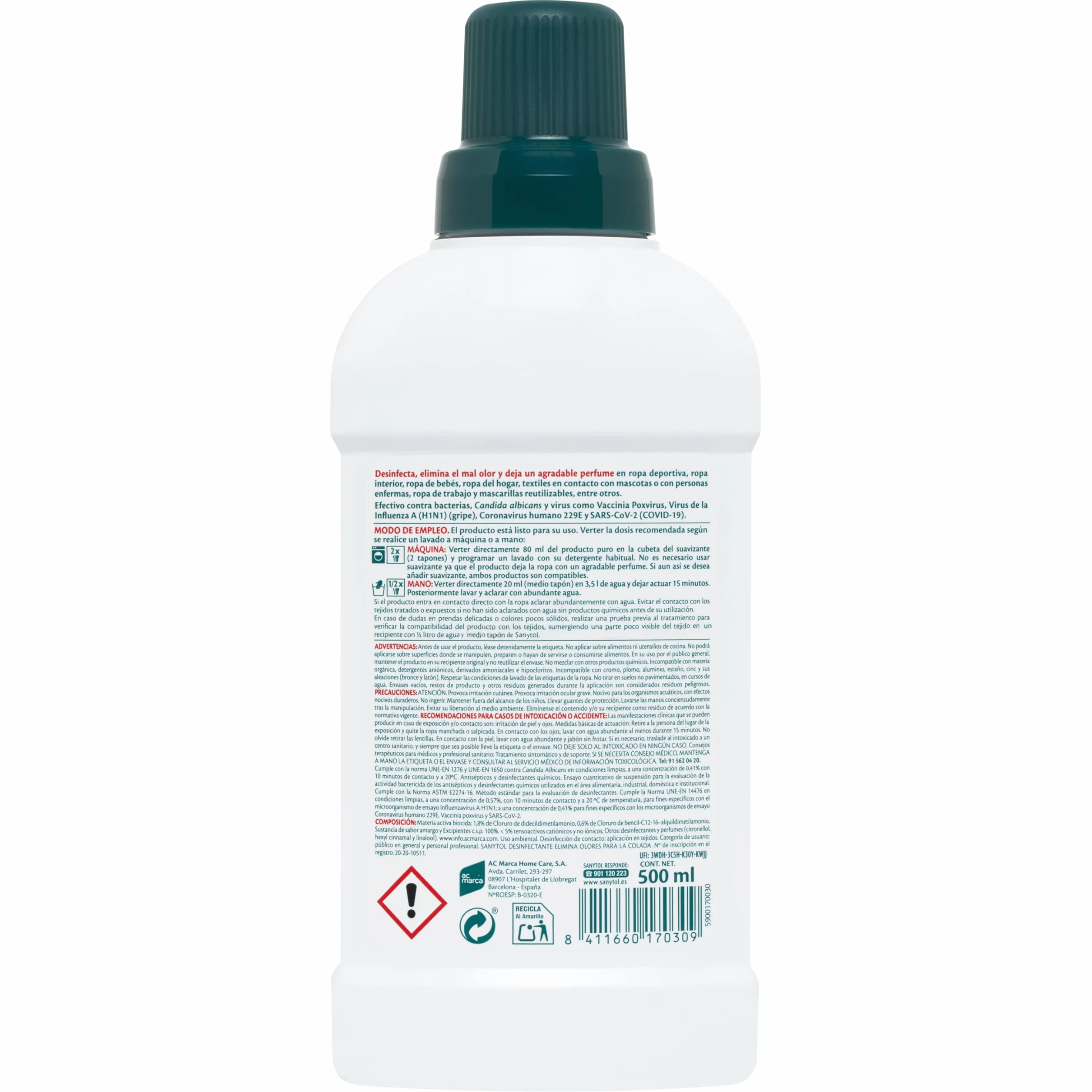Sanytol Desinfectante para la Colada 4 x 500 ml Elimina 99,9% de Gérmenes