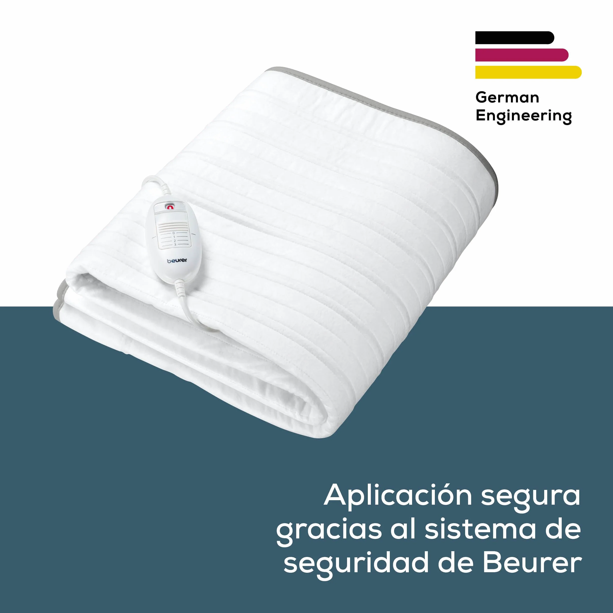 Beurer TS 17 Calientacamas eléctrico, Material no Tejido Suave, Antideslizante Gracias a la fijación con Cinta elástica, 3 Niveles de Temperatura, 150 x 80 cm, Sistema de Seguridad