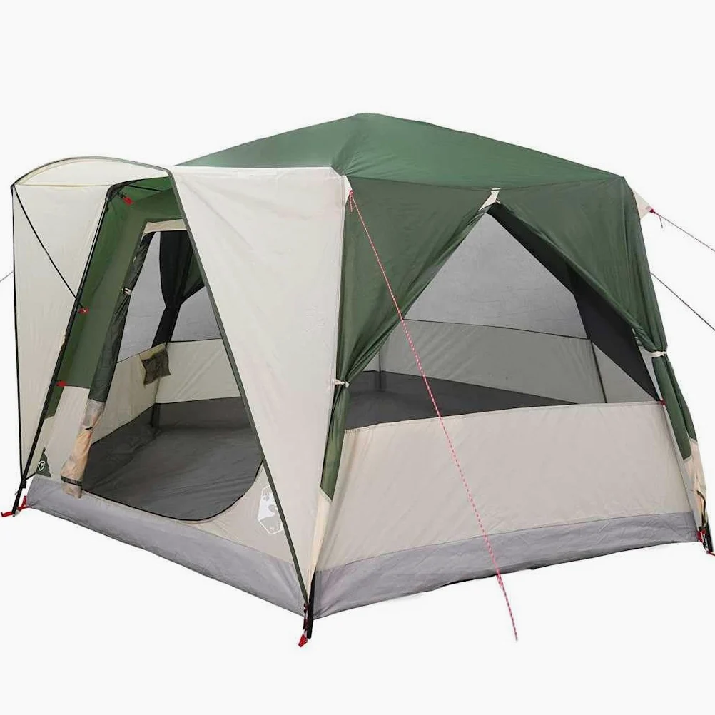 Tienda familiar para 5 personas, verde, 185T poliéster, 333 x 317 x 194 cm, resistente a los rayos UV, impermeable, con bolsa de transporte para camping